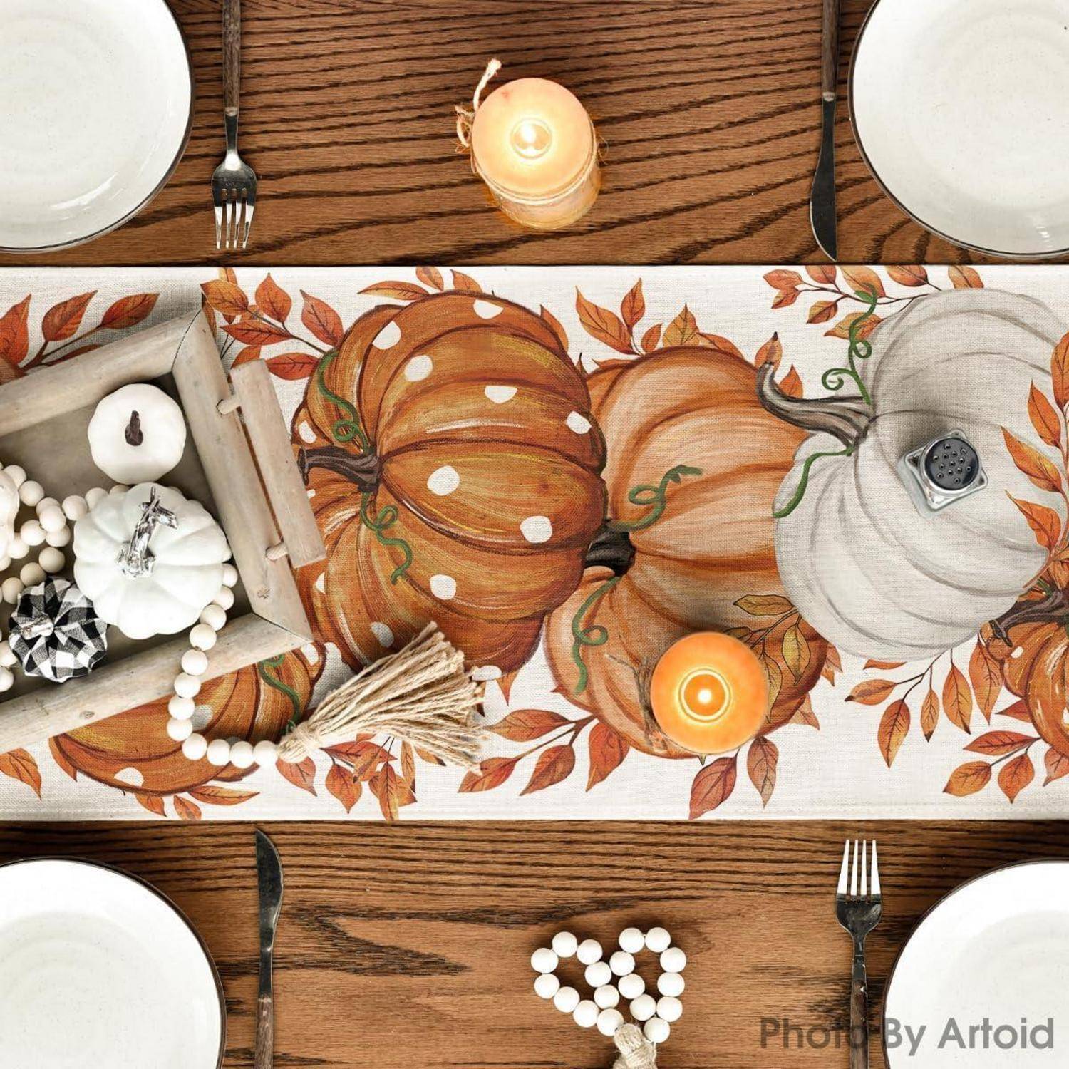 Tischläufer Herbst Kürbisse Blätter Planken Küche 40 x 100 cm Beige