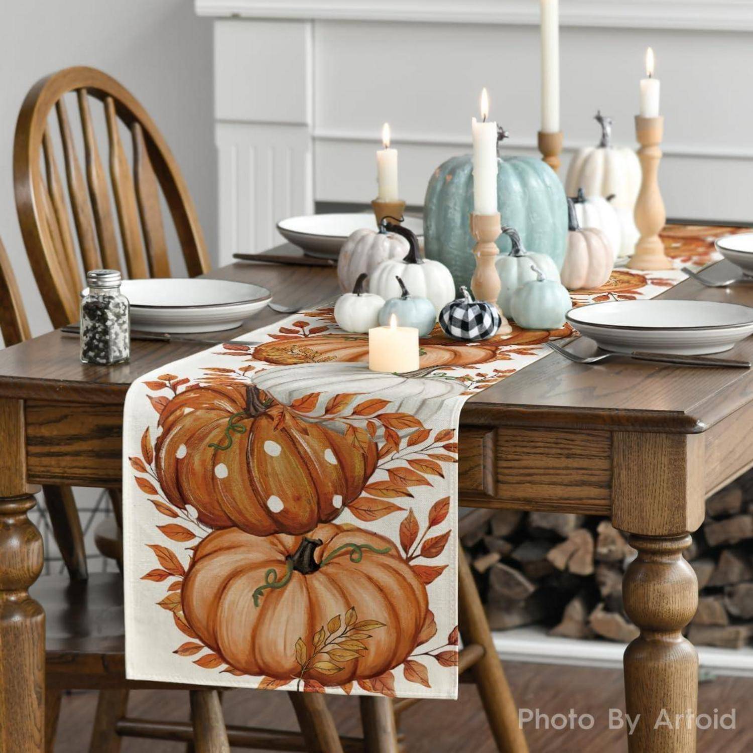 Tischläufer Herbst Kürbisse Blätter Planken Küche 40 x 100 cm Beige