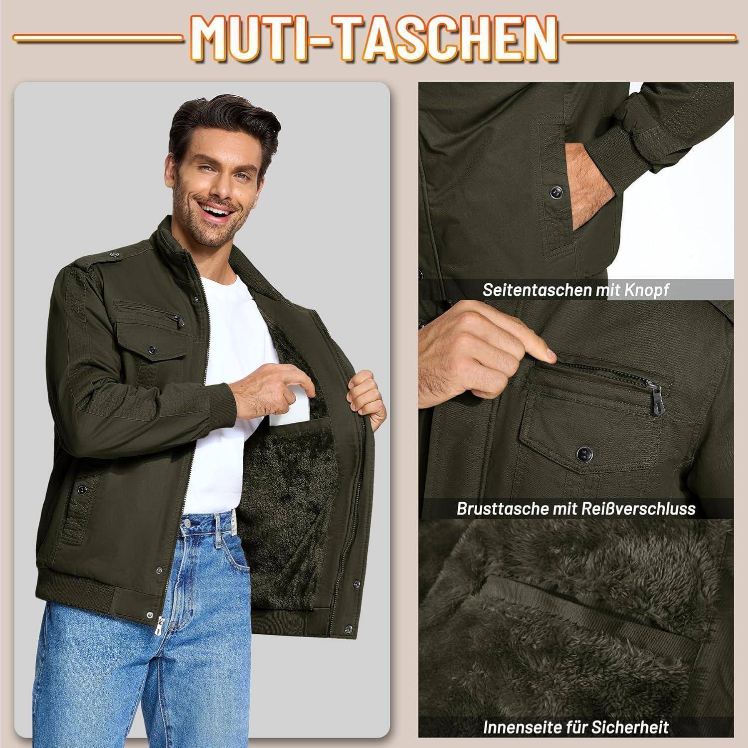 Mann trägt eine olivgrüne Jacke mit mehreren Taschen; Highlights sind die seitliche Knopftasche, die Brusttasche mit Reißverschluss und die weiche Innenfütterung.