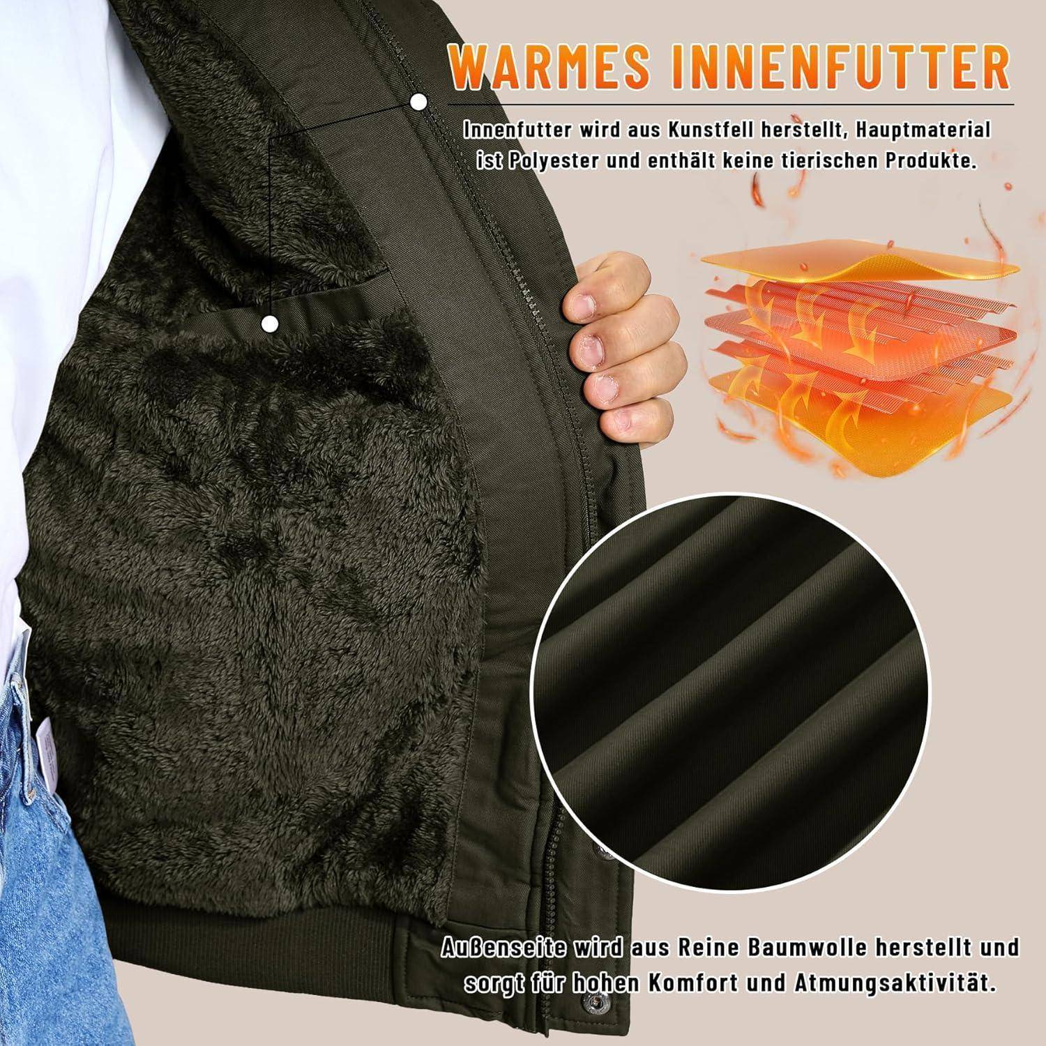 Eine Person trägt eine Jacke und hebt deren warmes Innenfutter aus Polyester hervor. Der deutsche Text beschreibt Eigenschaften wie Komfort und Atmungsaktivität.