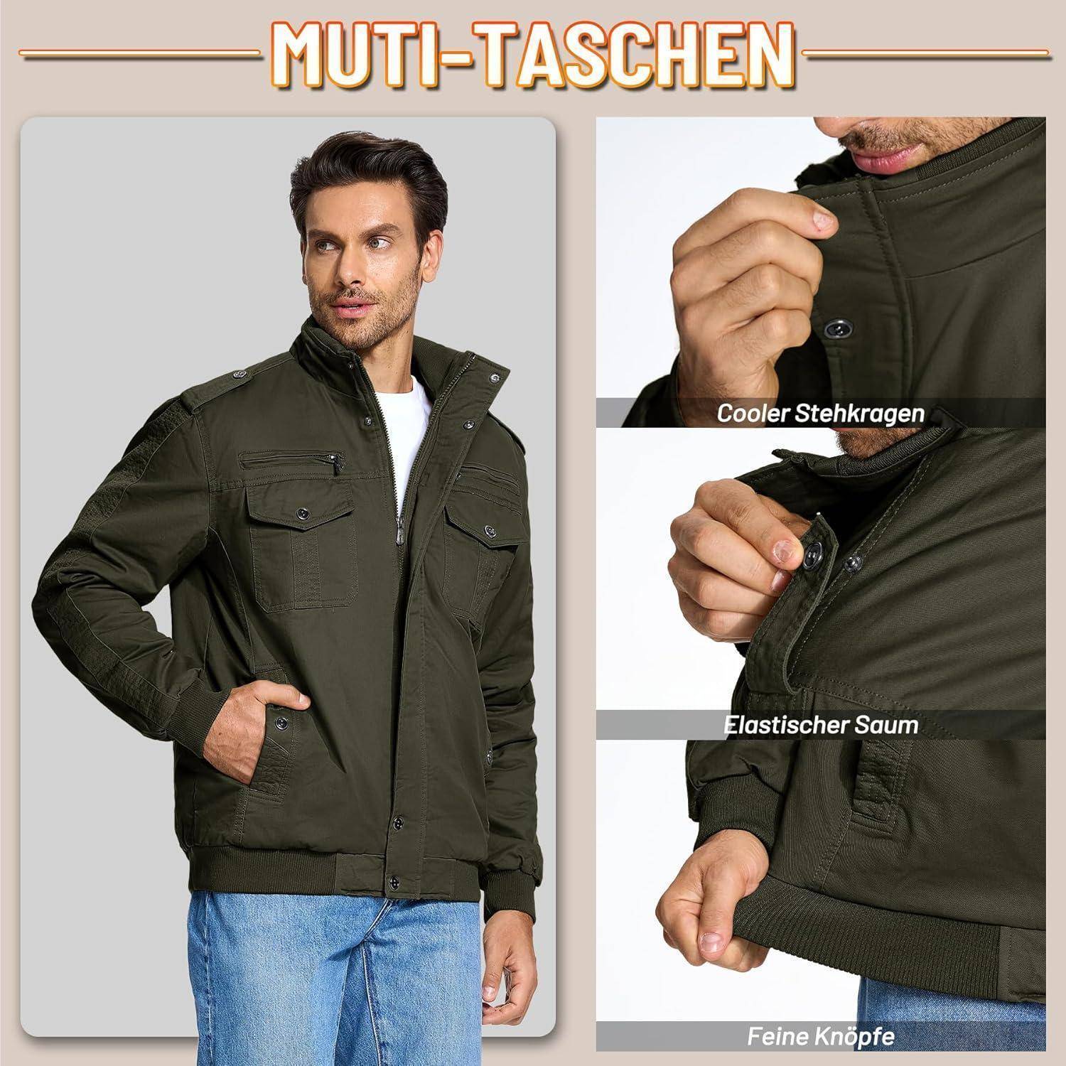 Mann mit einer dunkelgrünen Jacke mit hervorgehobenen Merkmalen: 'Cooler Stehkragen' (cooler Stehkragen), 'Elastischer Saum' (elastischer Saum), 'Feine Knöpfe' (feine Knöpfe).