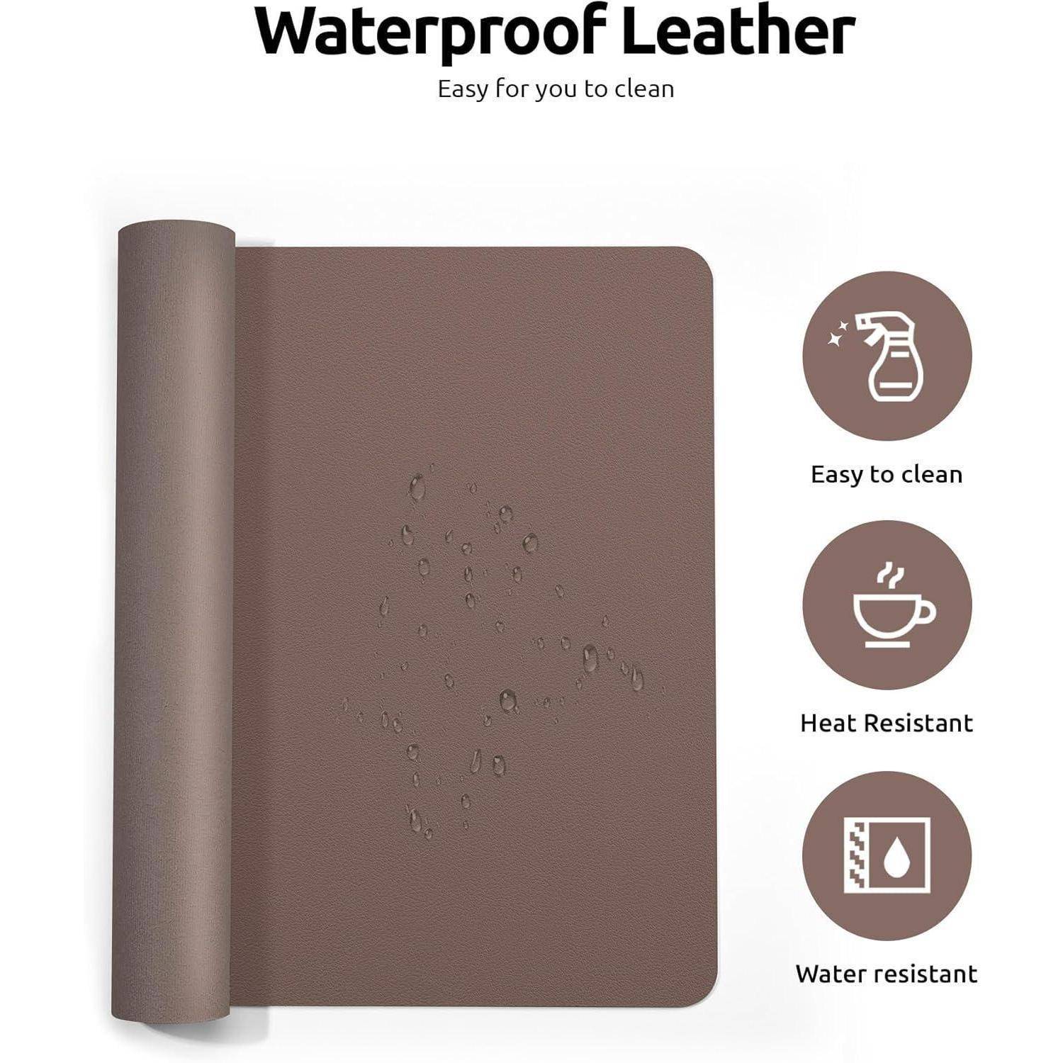 Eine braune, wasserdichte Ledermatte mit Tropfenmuster. Merkmale umfassen einfache Reinigung, Hitzebeständigkeit und Wasserresistenz.