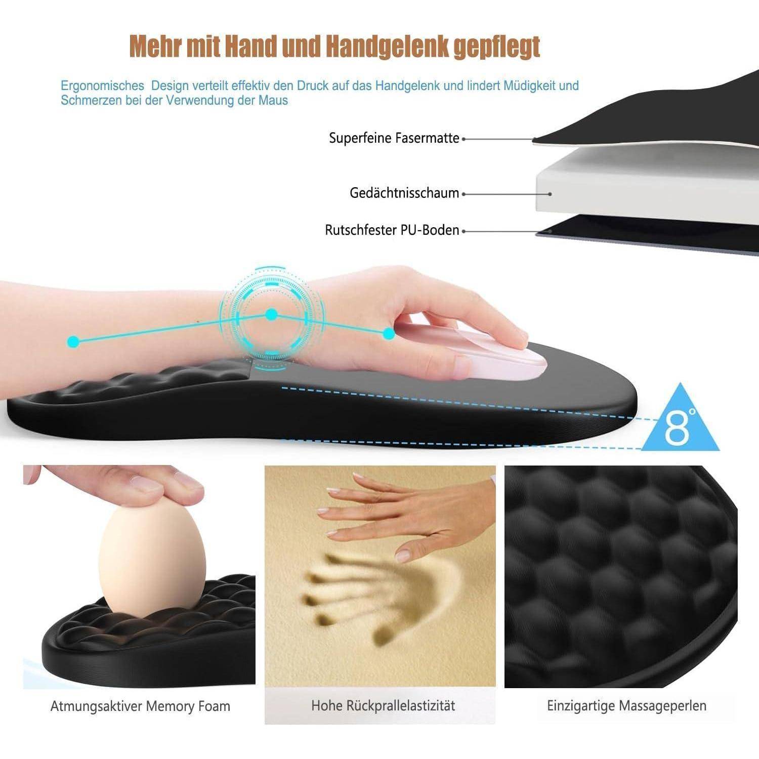 Ergonomische Mausunterlage bietet Speicherschaum, Handgelenkauflage und rutschfeste Basis zur Reduzierung von Handbelastung. Abbildungen zeigen Ei und Hand für Weichheit und Unterstützung.