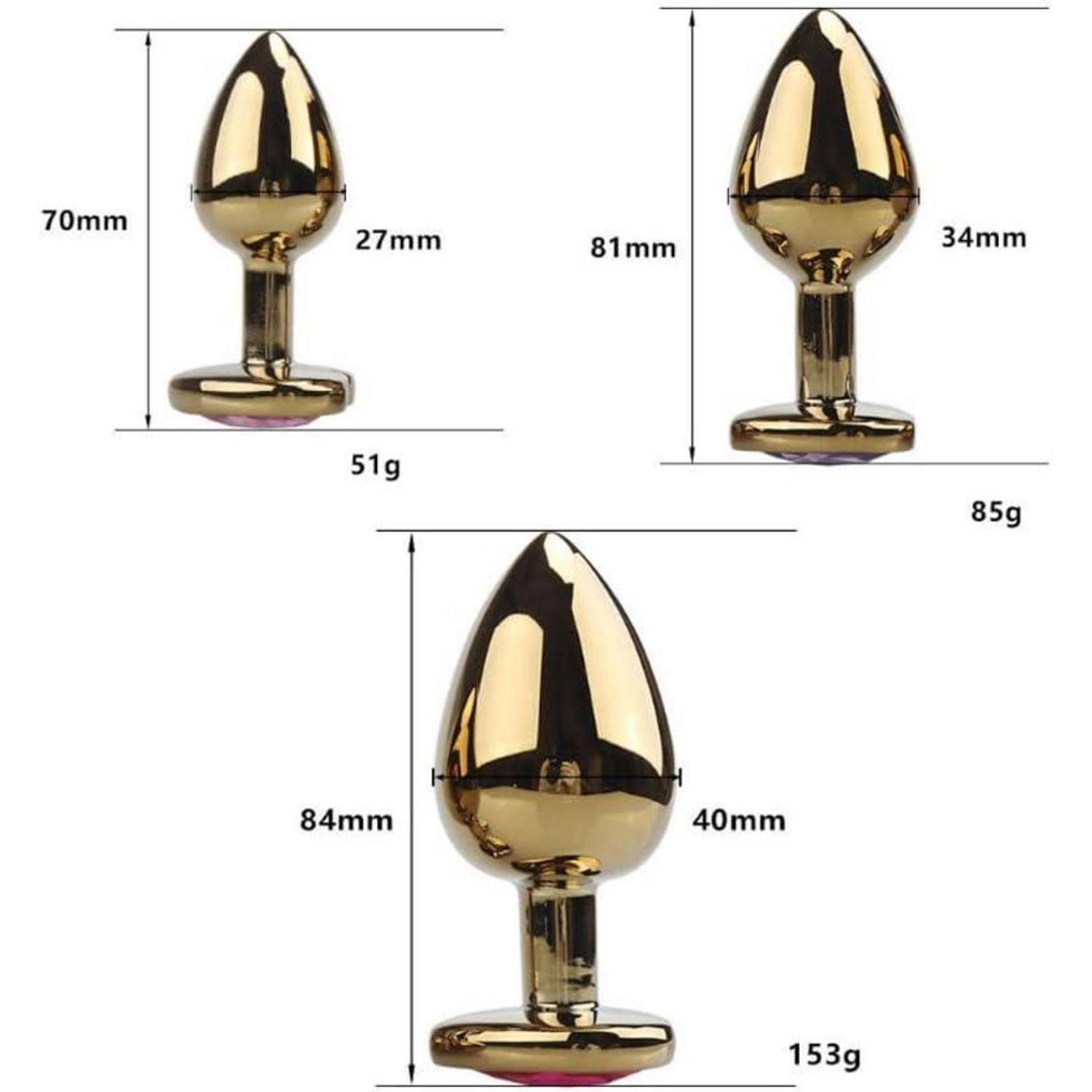 Drei goldene Objekte in unterschiedlichen Größen mit Abmessungen und Gewichten: klein ist 70 mm, 27 mm, 51 g; mittel ist 81 mm, 34 mm, 85 g; groß ist 84 mm, 40 mm, 153 g.