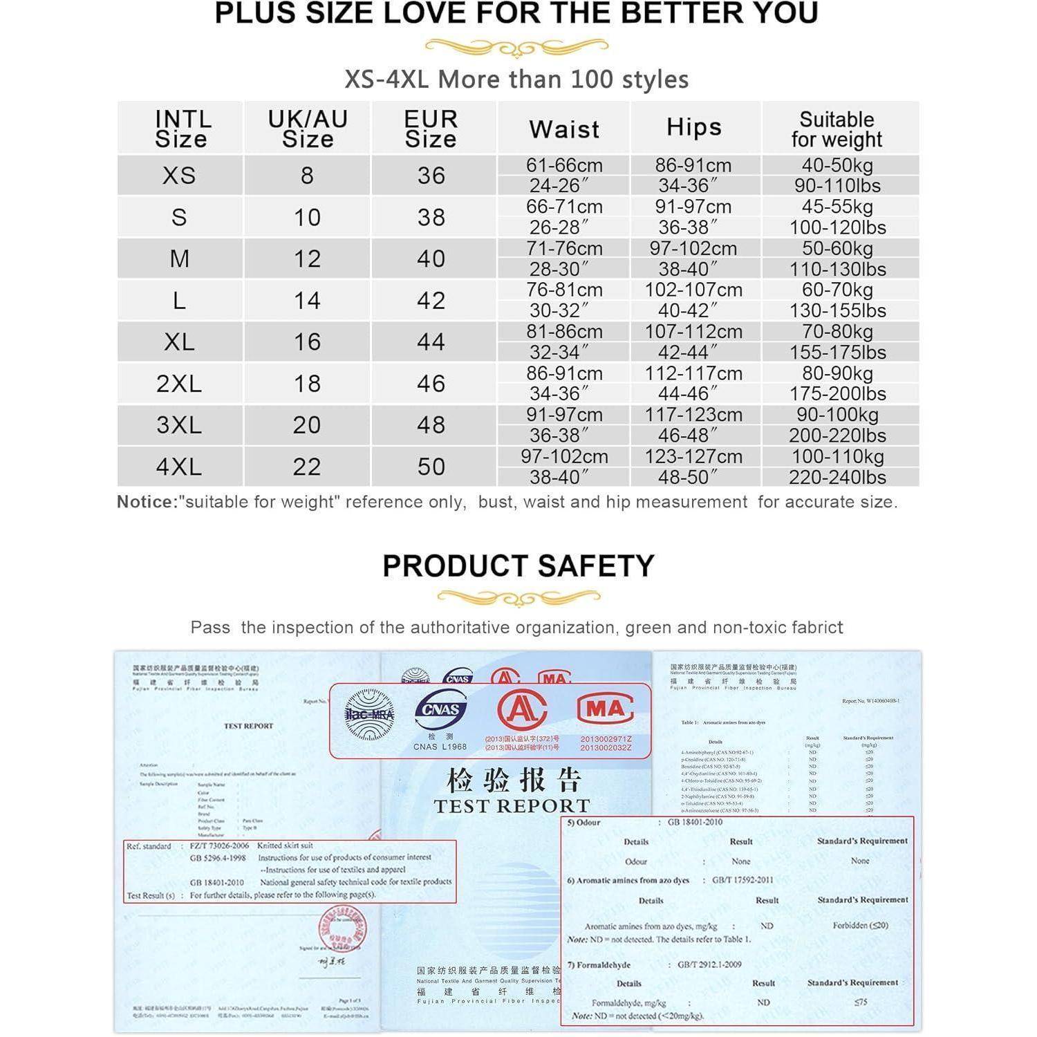 Liebevolle Mode in Übergrößen für den besseren Stil - Größenumrechnungstabelle für Bekleidung, einschließlich internationaler Größen und Maßangaben für Taille und Hüften. Enthält Hinweise zur Produktsicherheitszertifizierung.