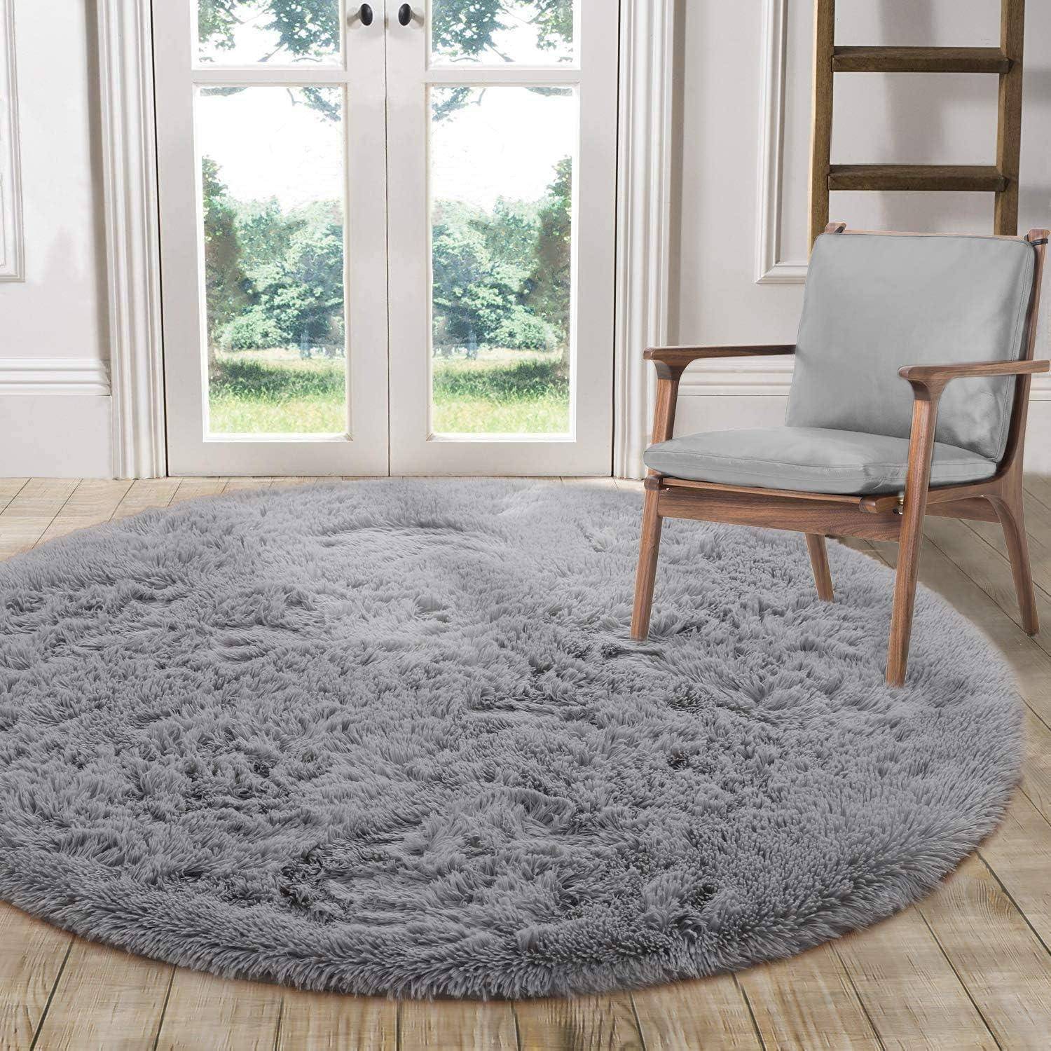 Teppich rund flauschig rutschfest weich Wohnzimmer 140 cm (Rund) Grau