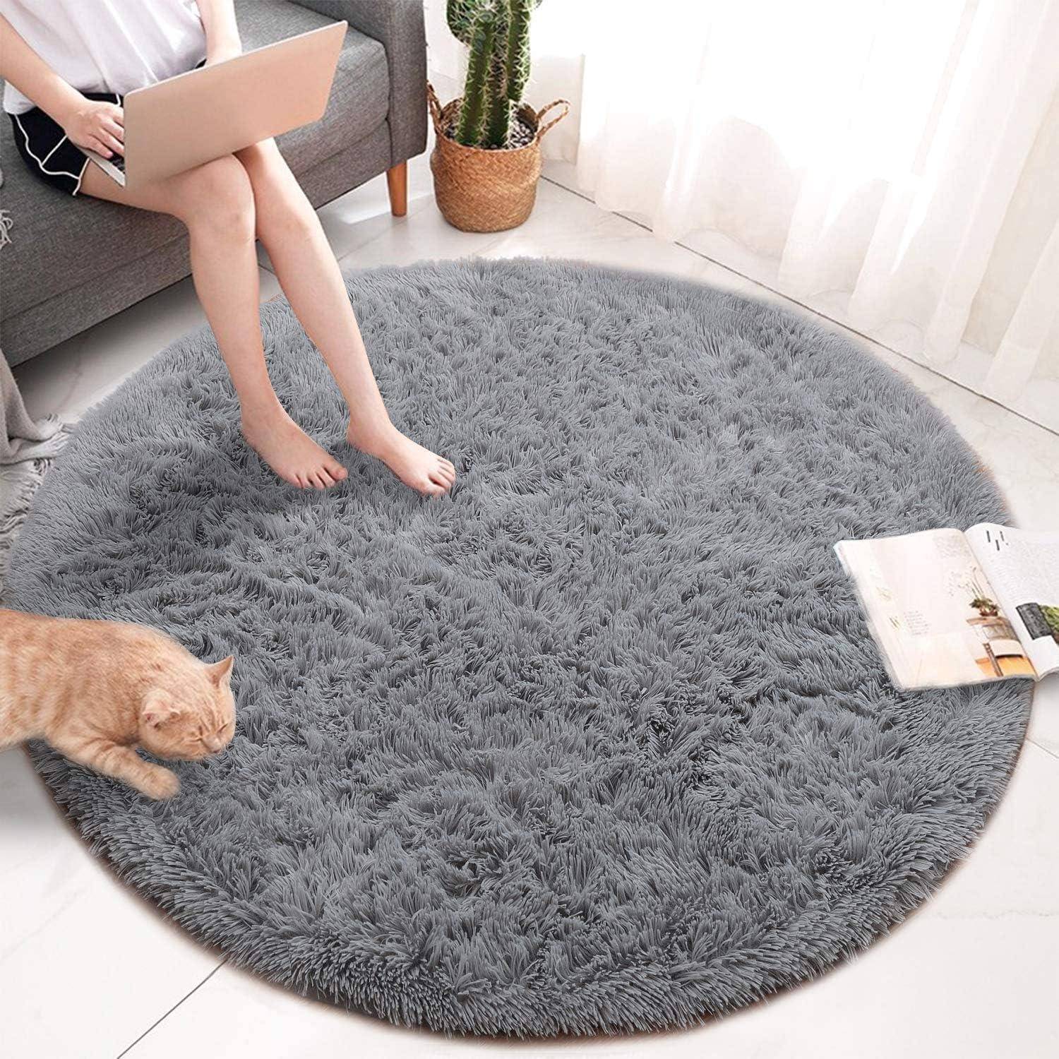 Teppich rund flauschig rutschfest weich Wohnzimmer 140 cm (Rund) Grau
