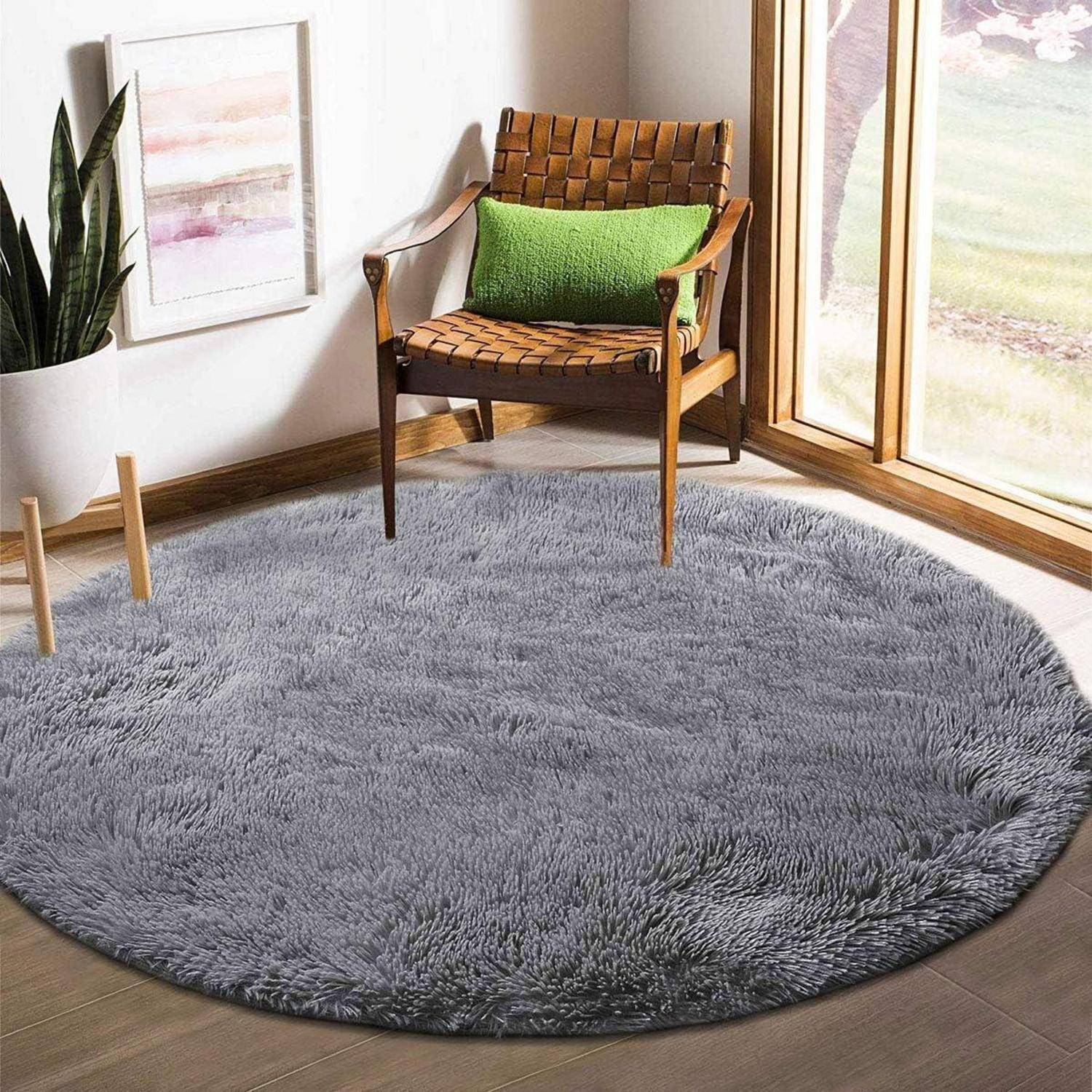 Teppich rund flauschig rutschfest weich Wohnzimmer 140 cm (Rund) Grau
