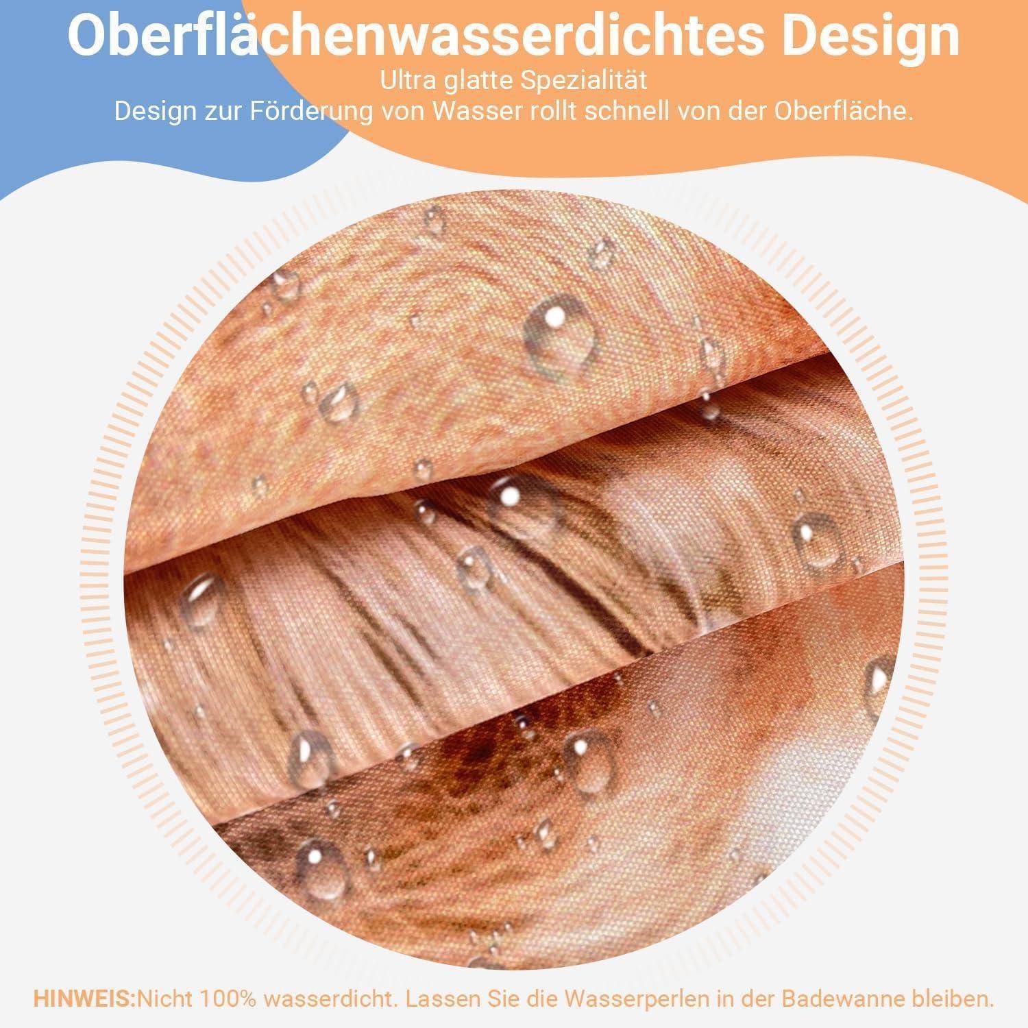 Ultra glatte Oberfläche, fördert schnelles Ablaufen von Wasser,' in orangefarbener Schrift. Nahaufnahme von Wassertropfen auf einem Stoff mit holzartiger Struktur. Warnung auf Deutsch über Wasserbeständigkeit.