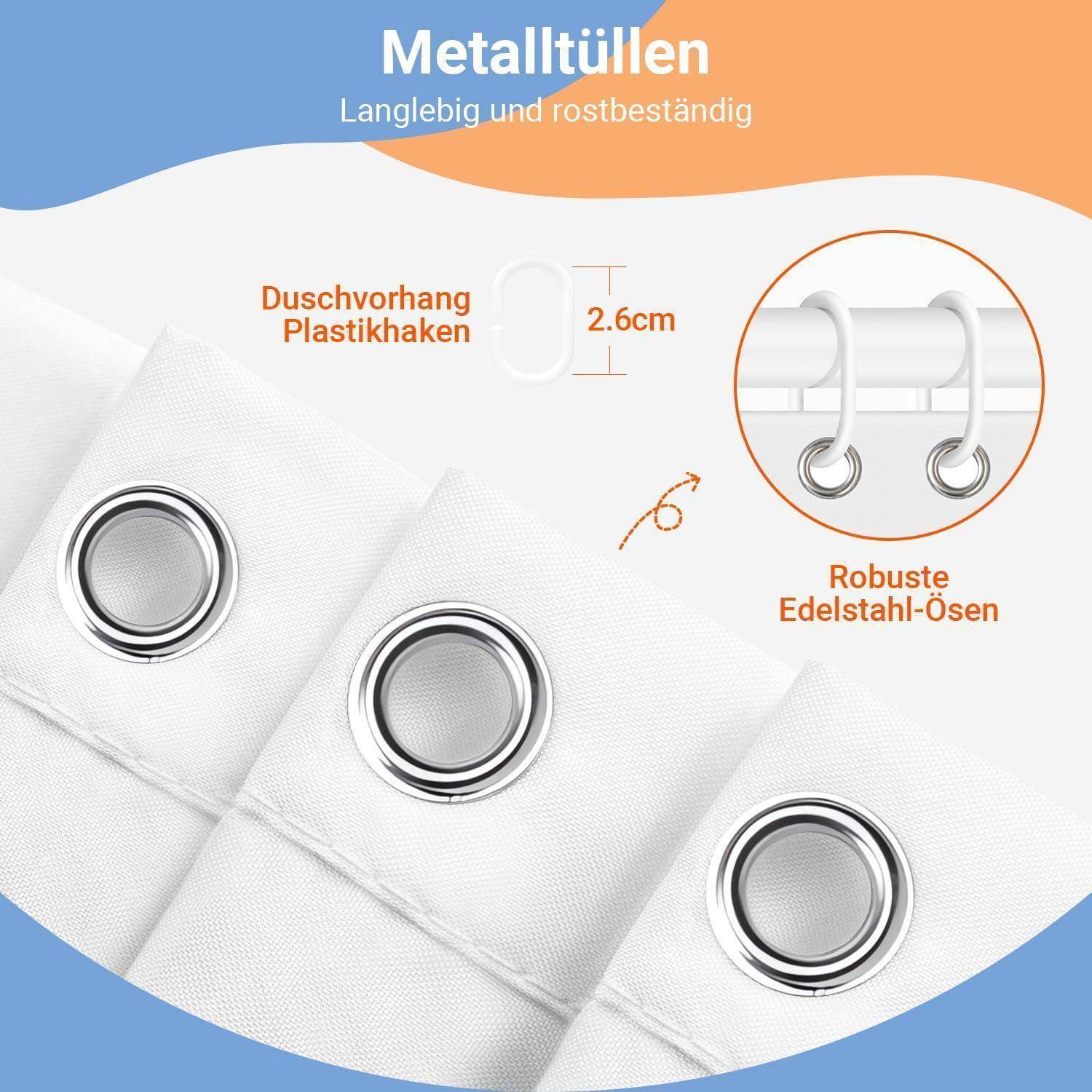 Metalltüllen: Langlebig und rostbeständig.' Diagramm, das 2,6 cm Kunststoffhaken an einem Duschvorhang mit robusten Metallringen zeigt.