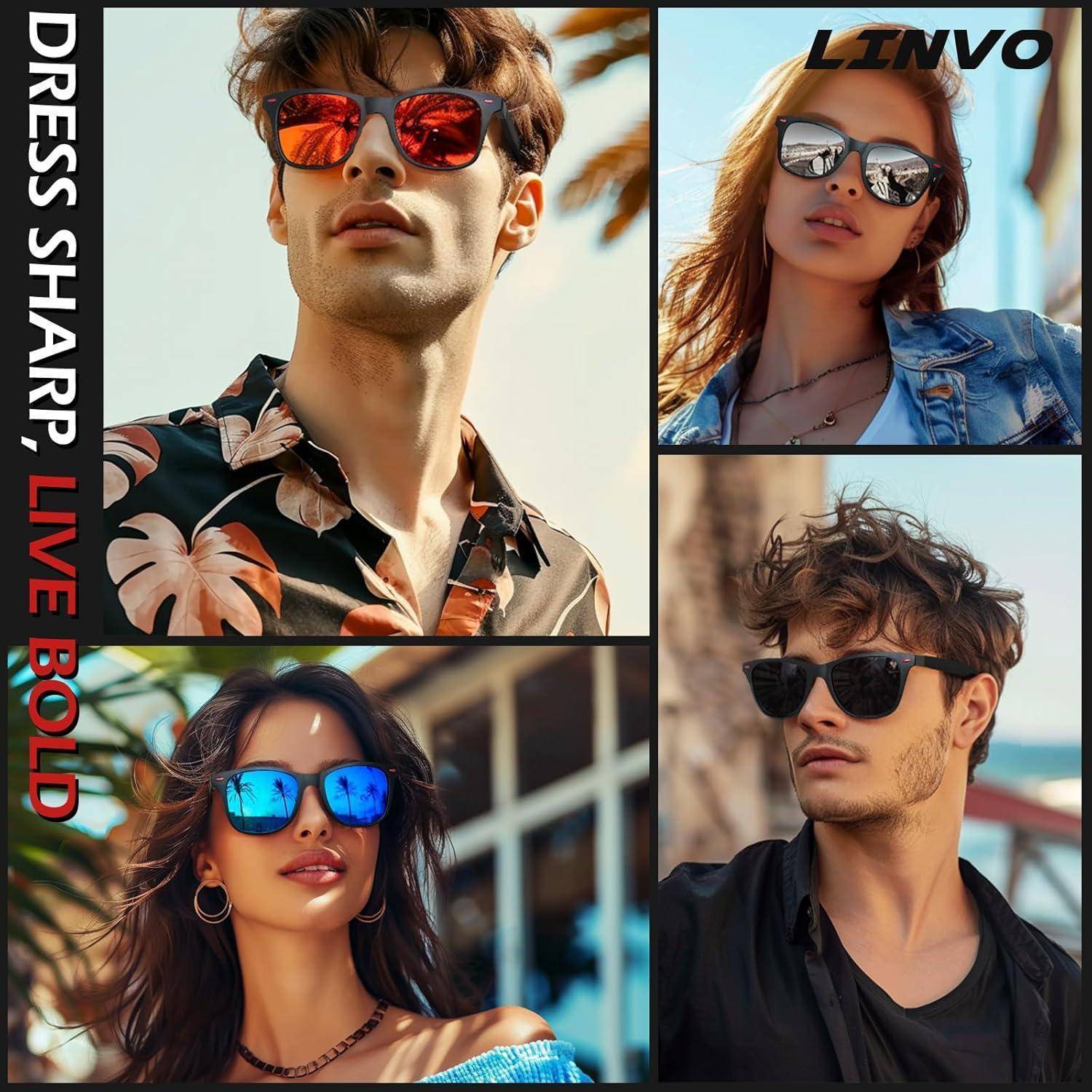 Menschen mit Sonnenbrillen mit verspiegelten Gläsern, in einem stilvollen Collage angeordnet. Der Text liest sich „Dress Sharp, Live Bold
