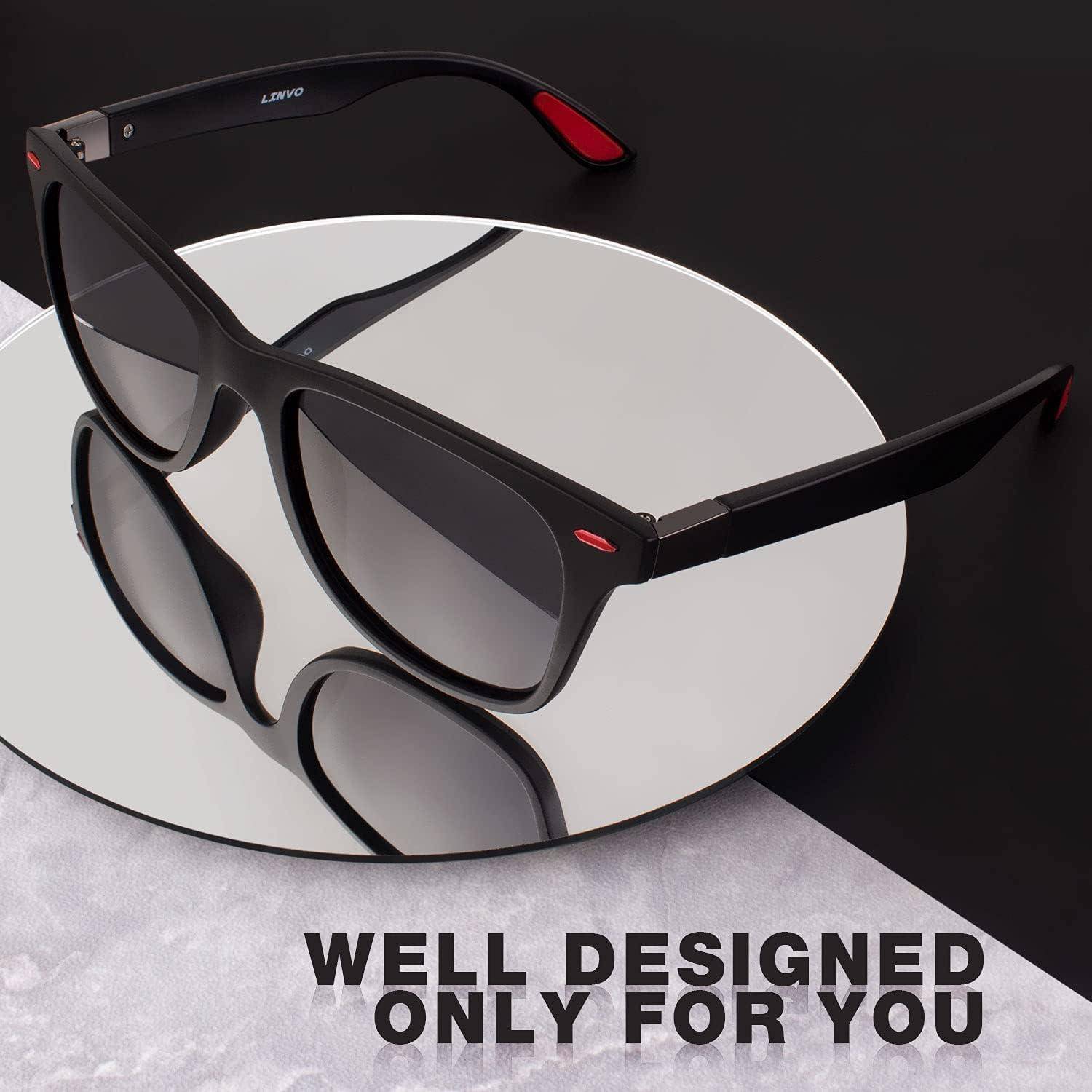 Sonnenbrille mit schwarzen Rahmen und getönten Gläsern liegt auf einer reflektierenden Oberfläche. Text lautet: ‚Gut designt, nur für dich'.