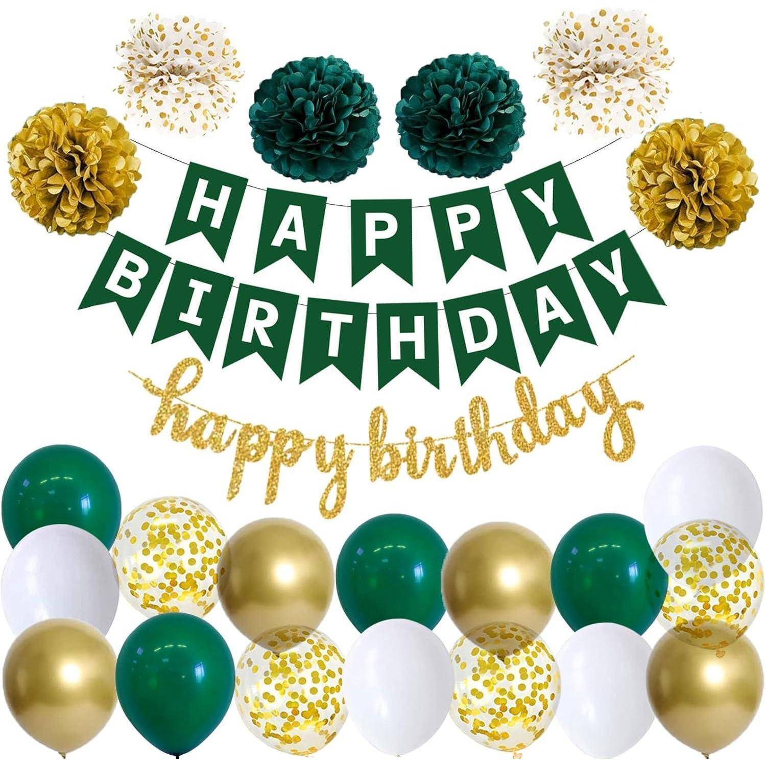 Geburtstagsdeko Dunkelgrün Weiß Girlande Ballons Pompoms Darkgreen