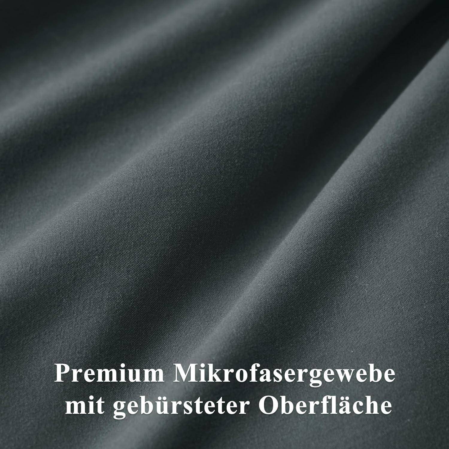 Glatte, dunkelgraue Mikrofasergewebe mit einer gebürsteten Oberfläche. Text in deutscher Sprache am unteren Rand liest sich: 