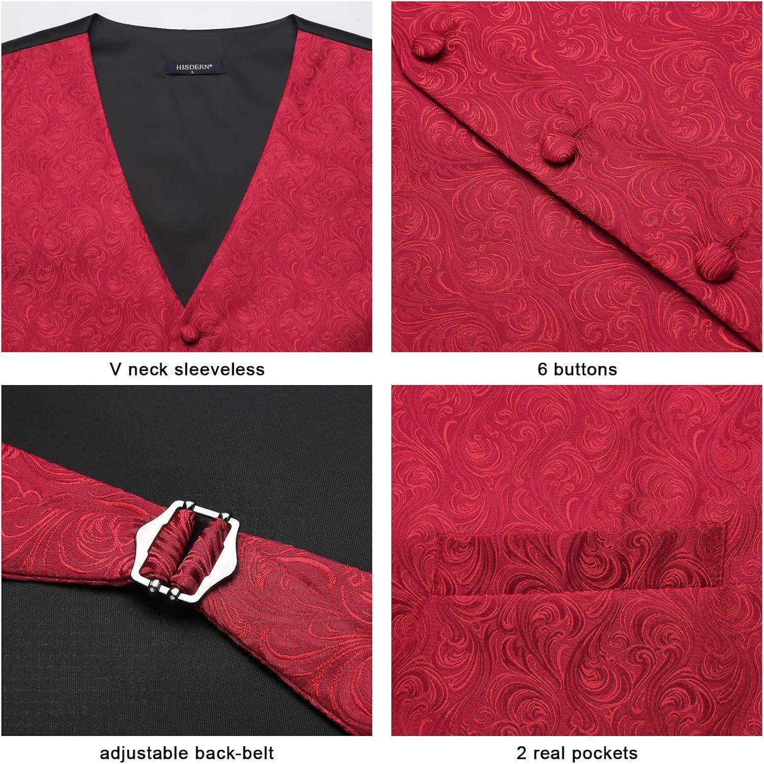 Eine rote Weste mit Paisleymuster, versehen mit V-Ausschnitt, sechs Knöpfen, verstellbarem Rückengürtel und zwei echten Taschen.