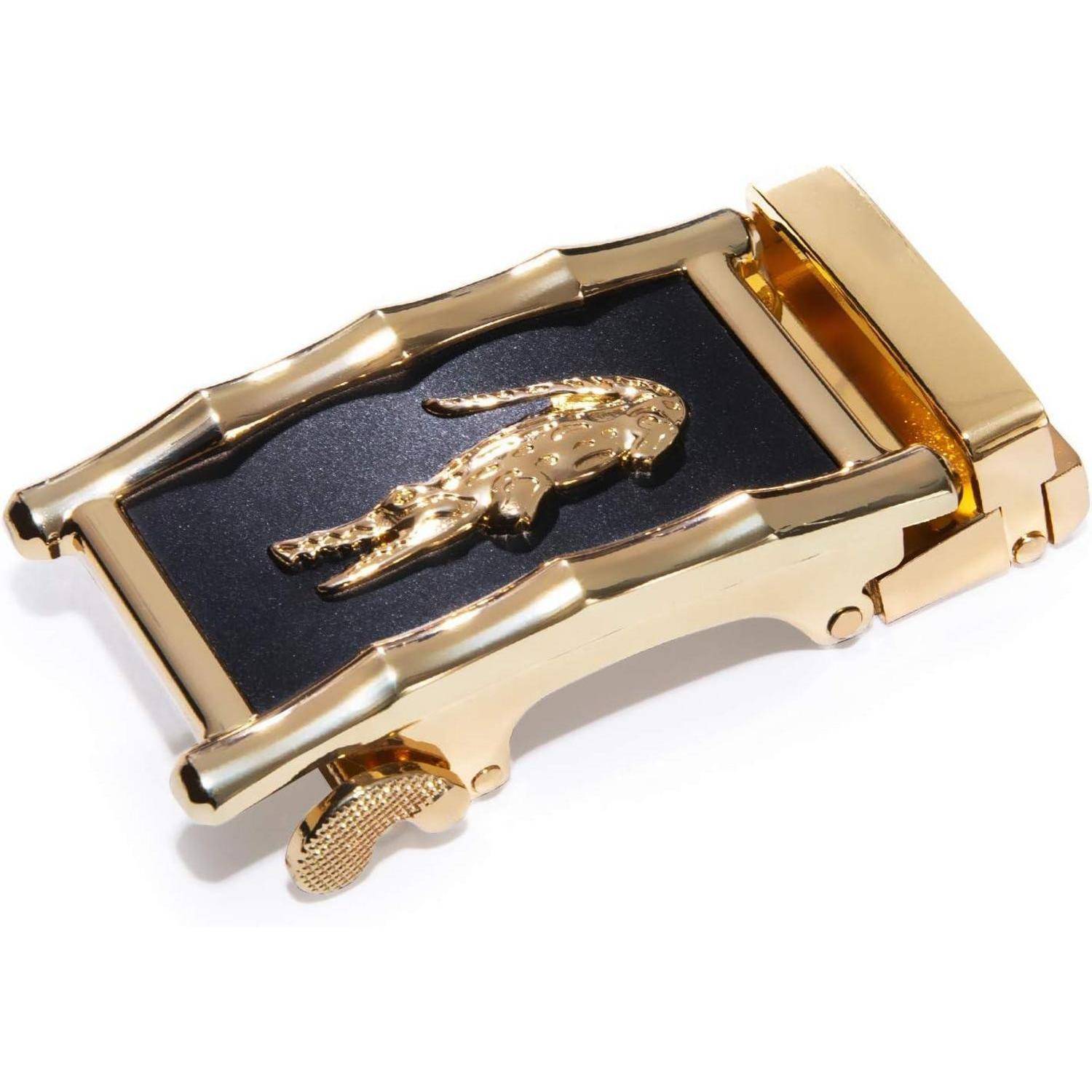 Eine Gürtelschnalle aus Gold mit strukturiertem Design, die ein zentrales Panther-Emblem auf einem schwarzen rechteckigen Hintergrund zeigt.