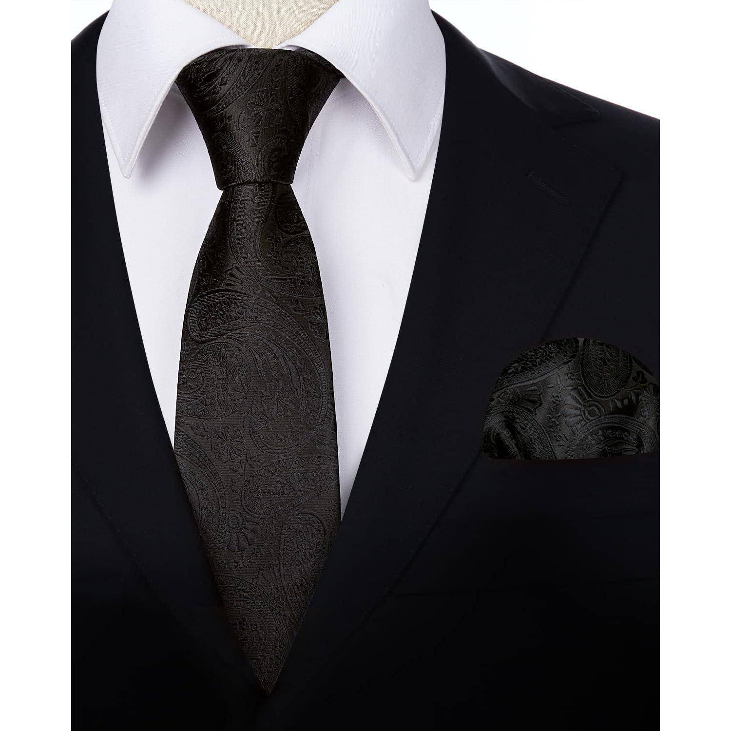 Krawatte Herren Paisley Einstecktuch Hochzeit Set Schwarz