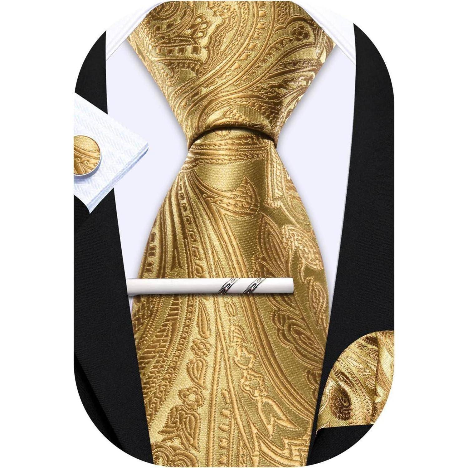 Krawatte Herren Seide Set Paisley Einstecktuch Hochzeit Gold Krawatten