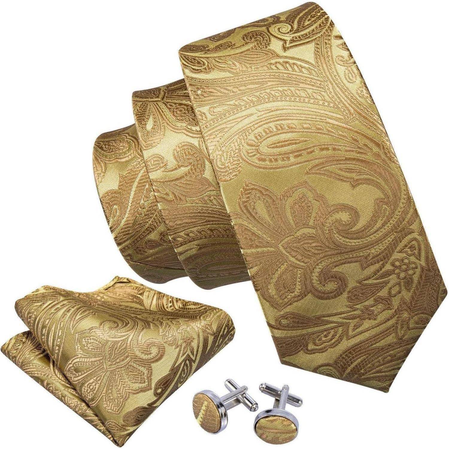 Krawatte Herren Seide Set Paisley Einstecktuch Hochzeit Gold Krawatten