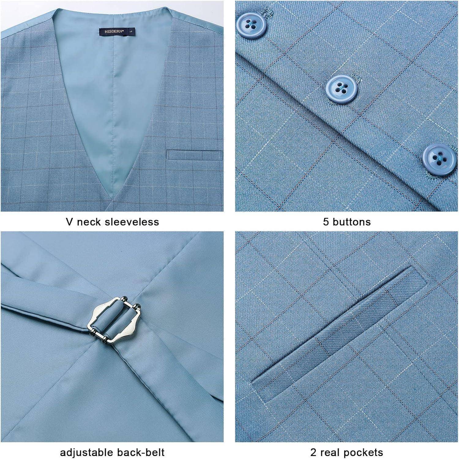Herrenoberteil mit V-Ausschnitt, ärmellos, Karomuster in Blau. Mit verstellbarem Rückengürtel, 5 Knöpfen und 2 aufgesetzten Taschen.