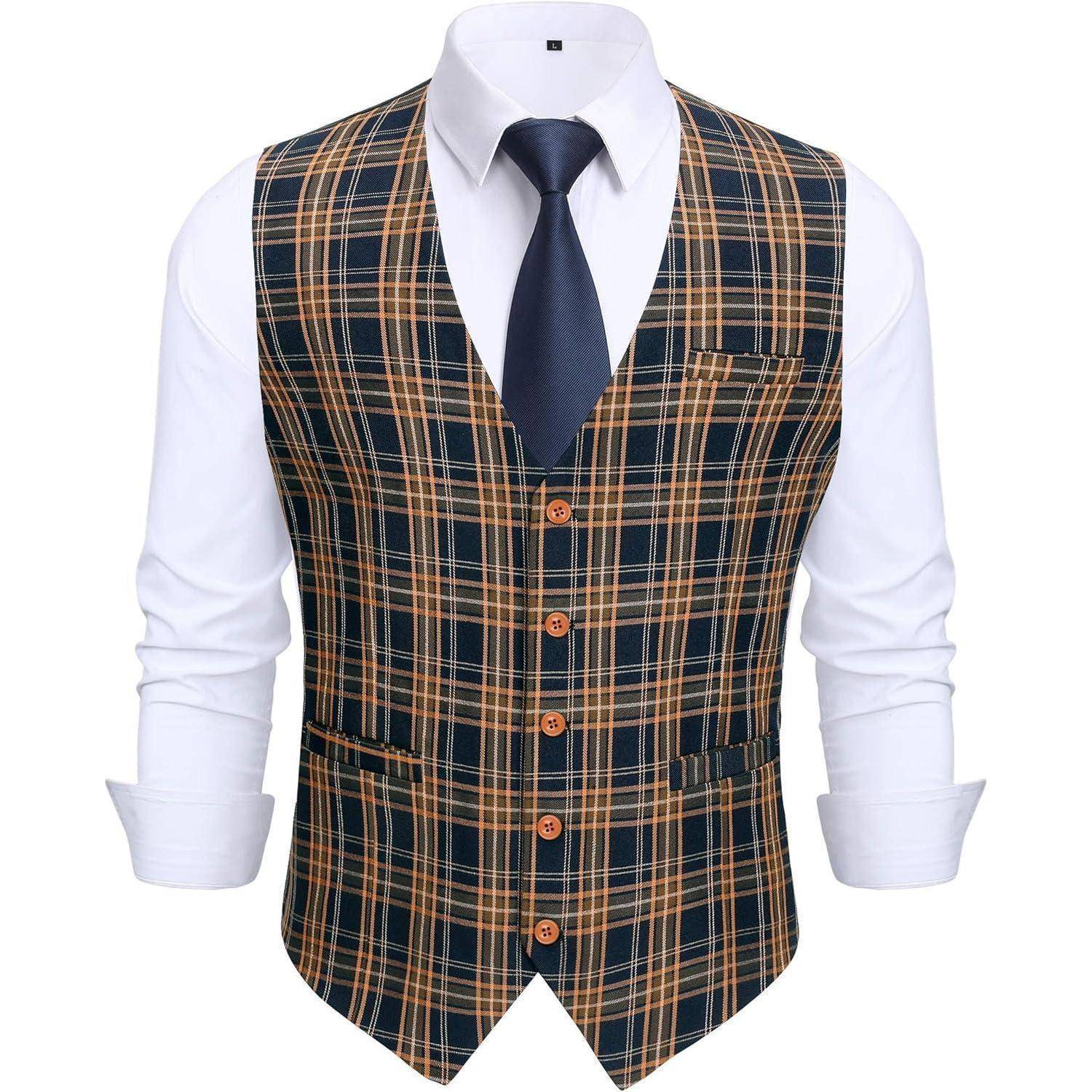 Weste Herren Karierte Hahnentritt Baumwolle 4XL Marine & Orange