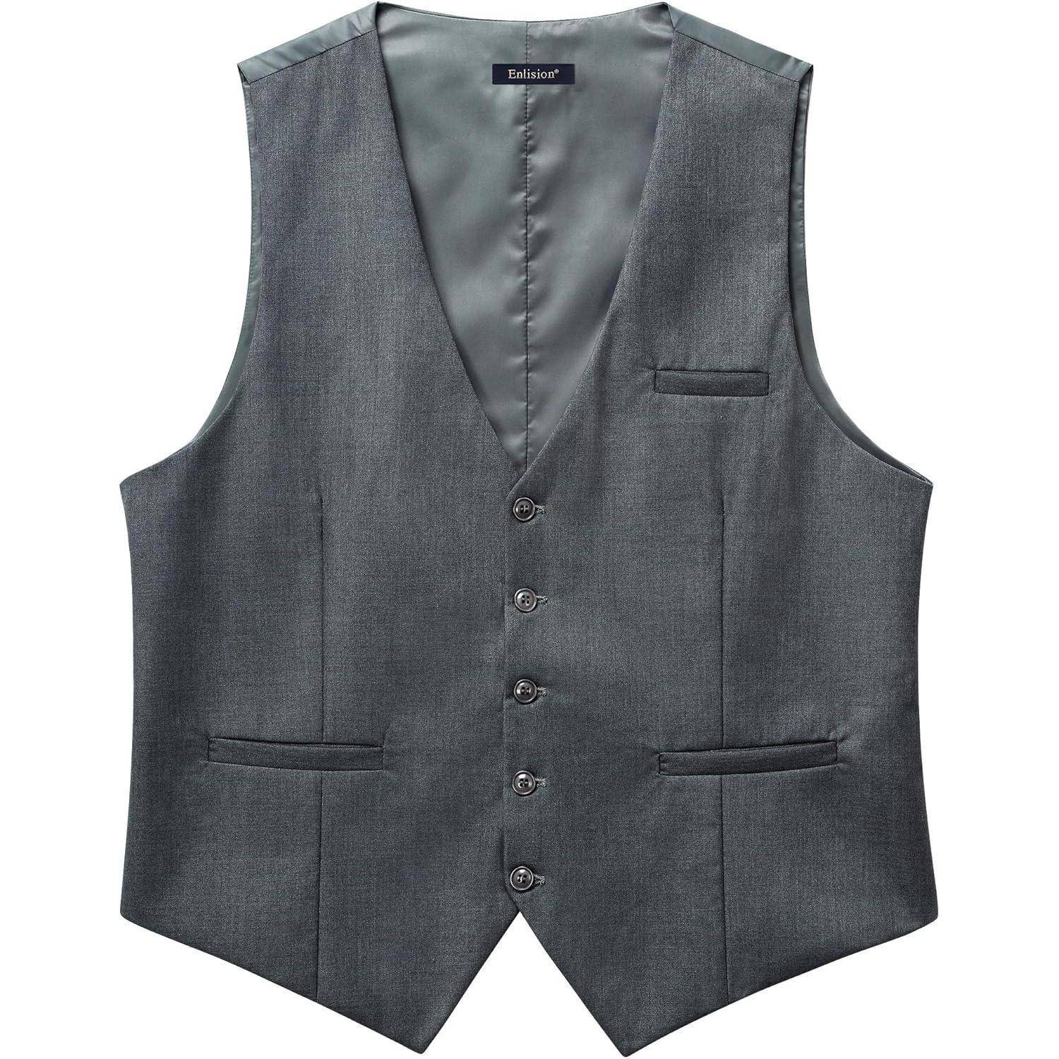 Graue Herrenweste mit fünf Knöpfen, zwei Vordertaschen und einem eleganten, maßgeschneiderten Schnitt.