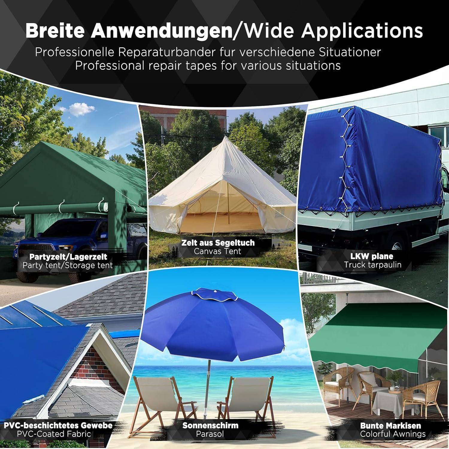 Bänder für verschiedene Anwendungen: Partyzelte, Segelstoffe, LKW-Planen, PVC-beschichtete Stoffe, Sonnenschirme, Markisen.