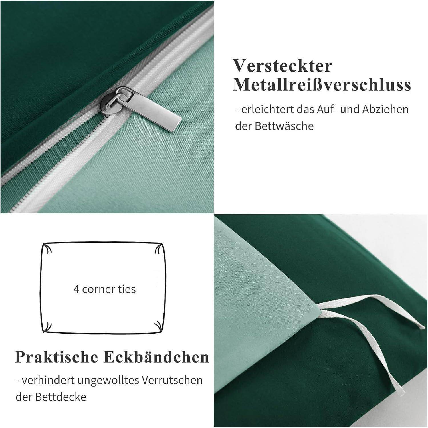 Grüne und hellgrüne Bettwäsche mit verdecktem Reißverschluss und Bindebändern. Text im Bild: 'Versteckter Metallreißverschluss' und '4 Eckenhalterungen'.