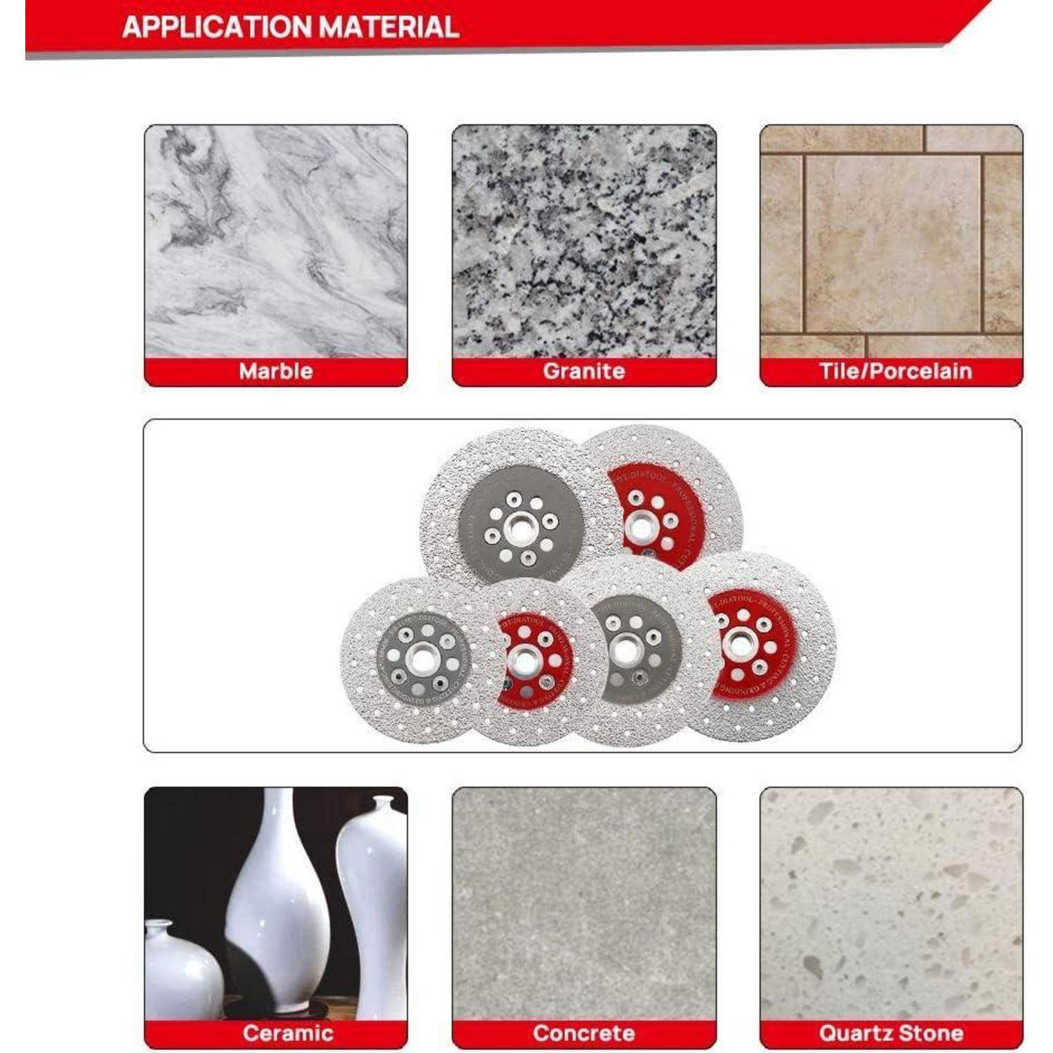 Anwendungsmaterial' Optionen angezeigt: Marmor, Granit, Fliese/Porzellan, Keramik, Beton, Quarzstein, zusammen mit verschiedenen Sägeblättern.