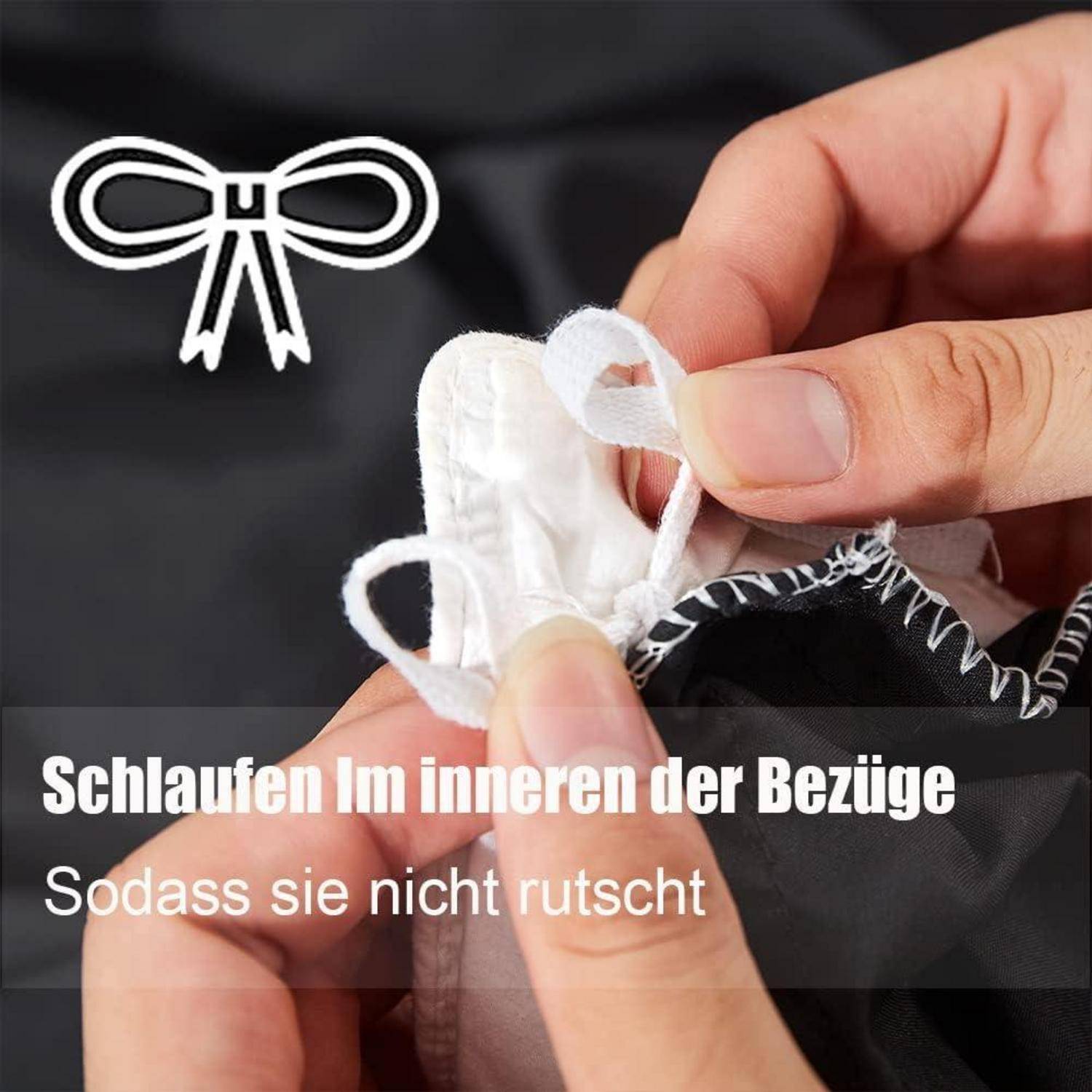 Schlaufen im Inneren der Bezüge, sodass sie nicht rutscht.' Nahaufnahme von Händen, die das Befestigen von Schlaufen in einem Stoffbezug demonstrieren.