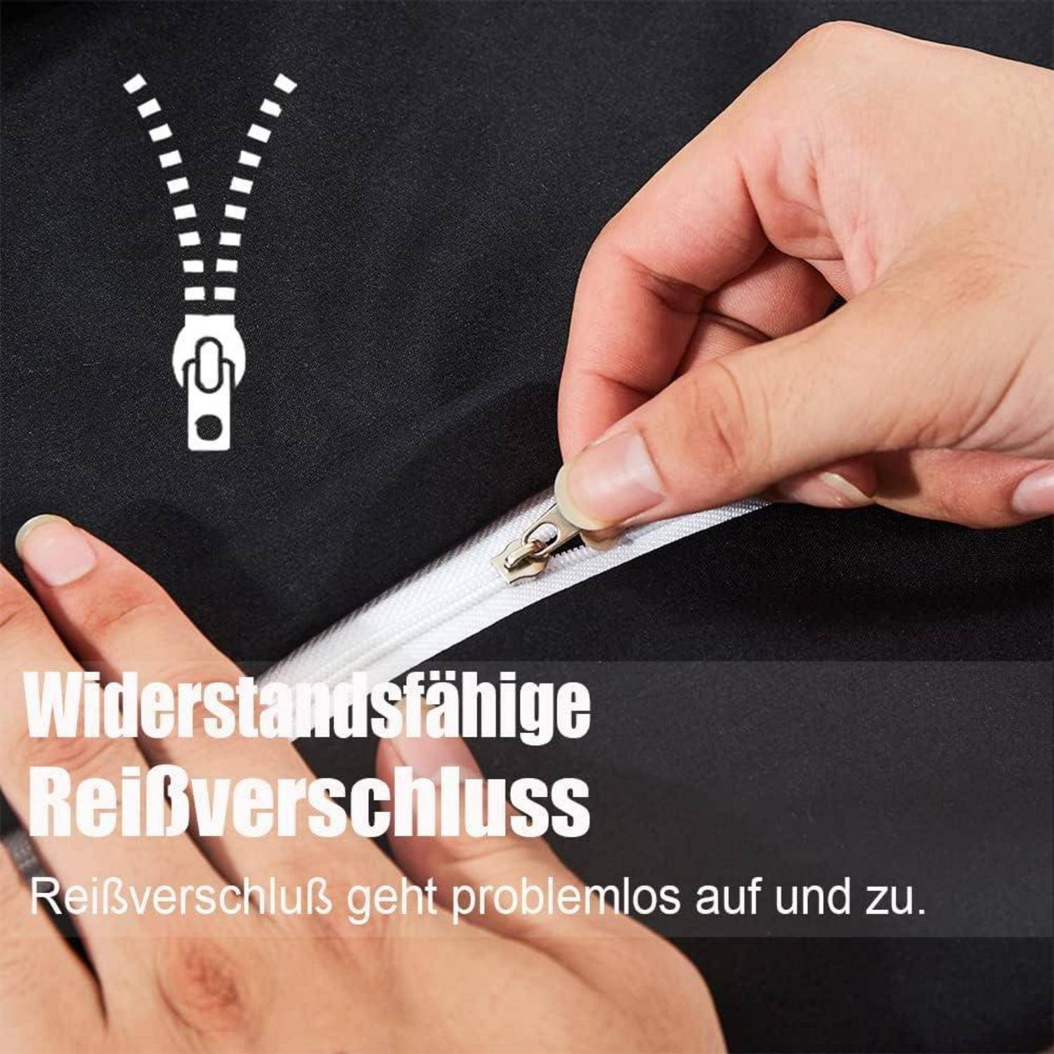 Eine Hand öffnet einen robusten Reißverschluss auf schwarzem Stoff. Text lautet: 'Widerstandsfähiger Reißverschluss. Reißverschluss geht problemlos auf und zu.