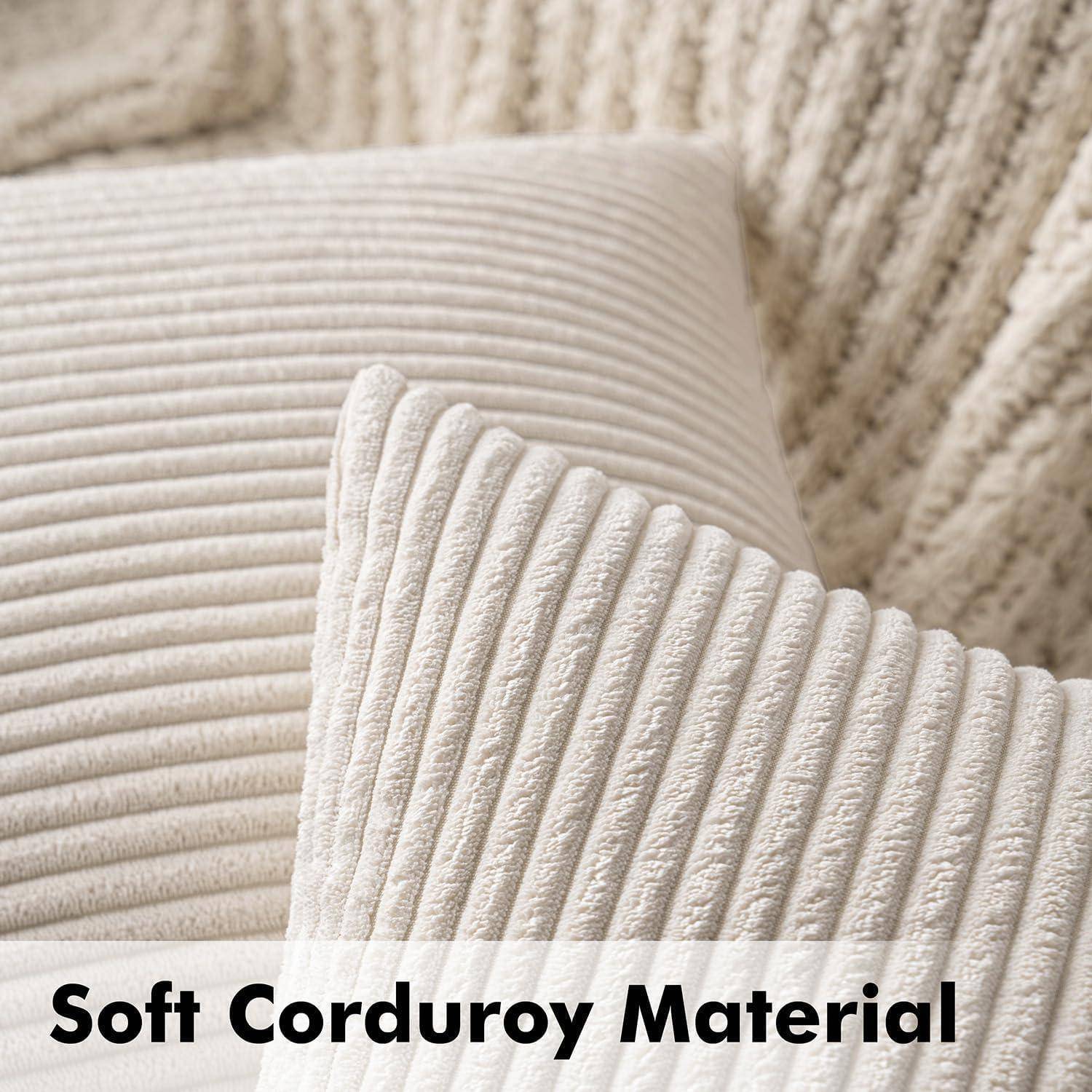 Zwei strukturierte beige Kissen, eines im Vordergrund und eines im Hintergrund, die das 'Weiche Cordmaterial' präsentieren.