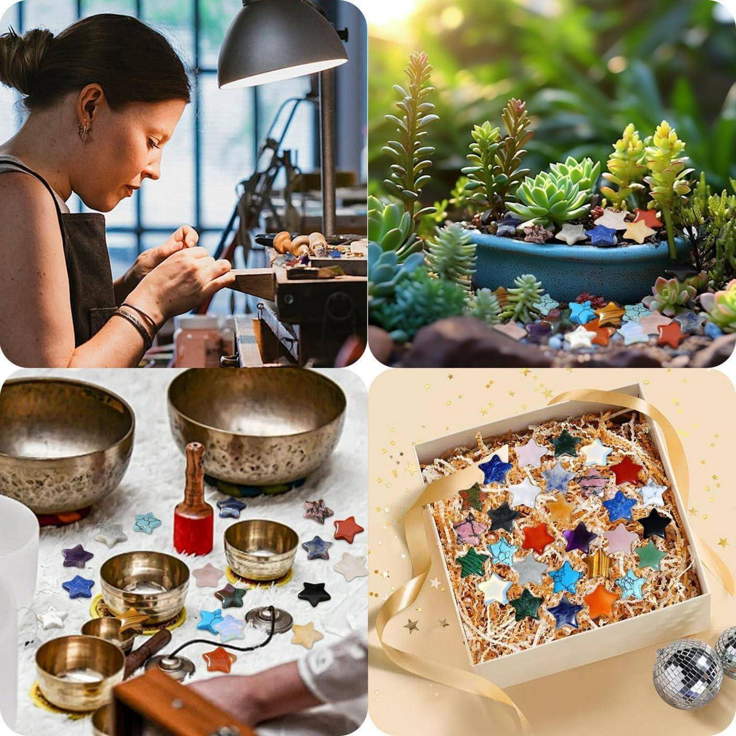 Eine Collage einer Frau, die Schmuck herstellt, mit einem Sukkulentengarten mit bunten Sternen, dekorativen Schalen mit Sternen und einer sternförmigen Schmuckpräsentation.