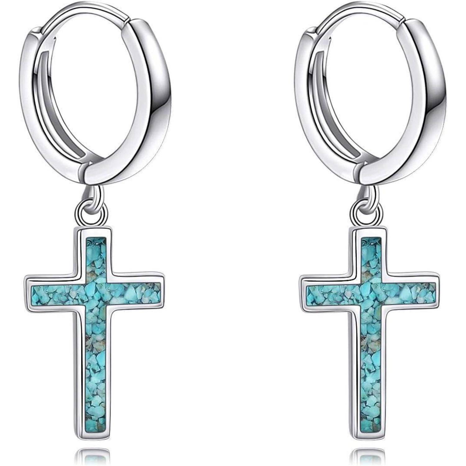 Creolen Sterling Silber Kreuz Sterne Damen Kreuz Ohrringe-Türkis