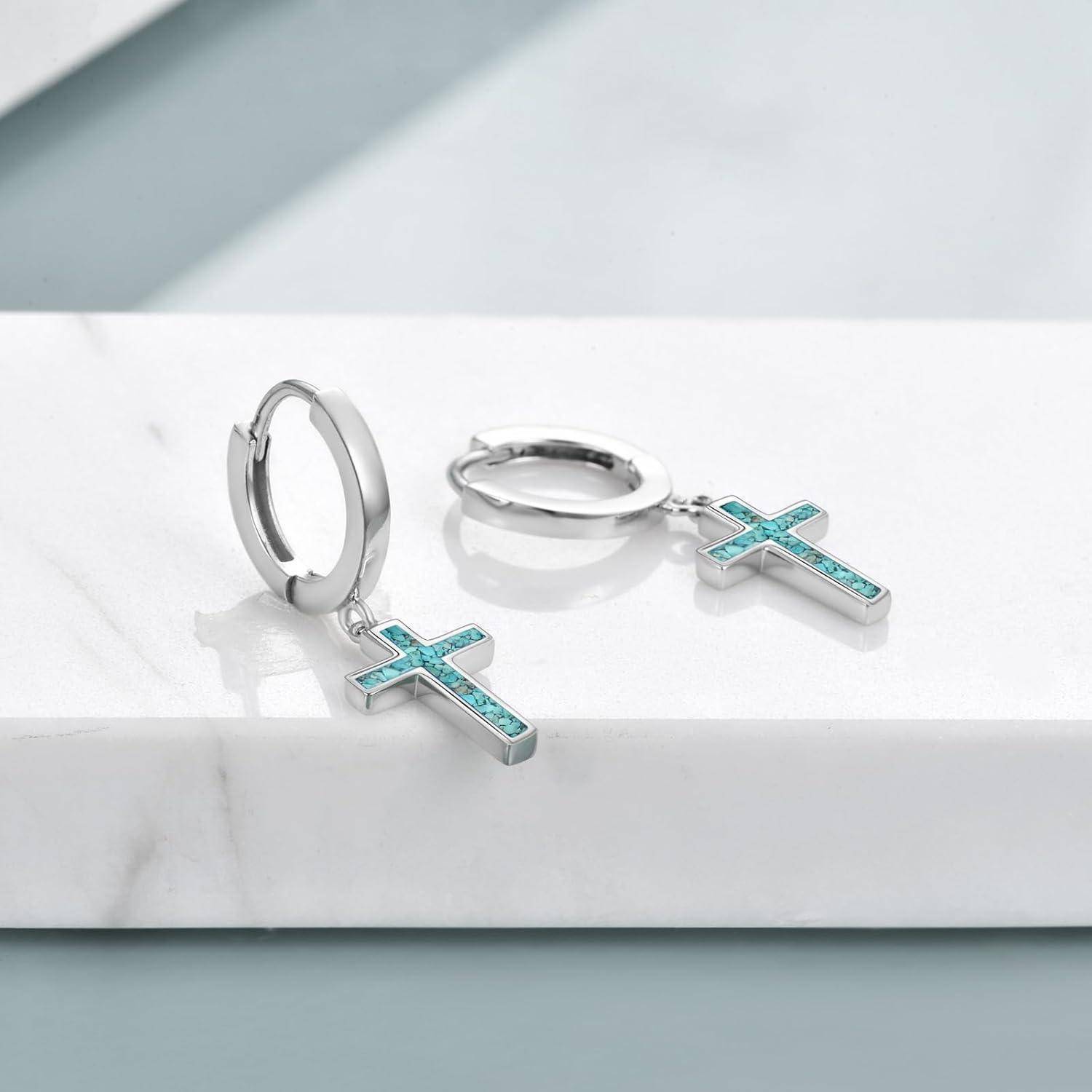 Creolen Sterling Silber Kreuz Sterne Damen Kreuz Ohrringe-T&amp;#xFC;rkis