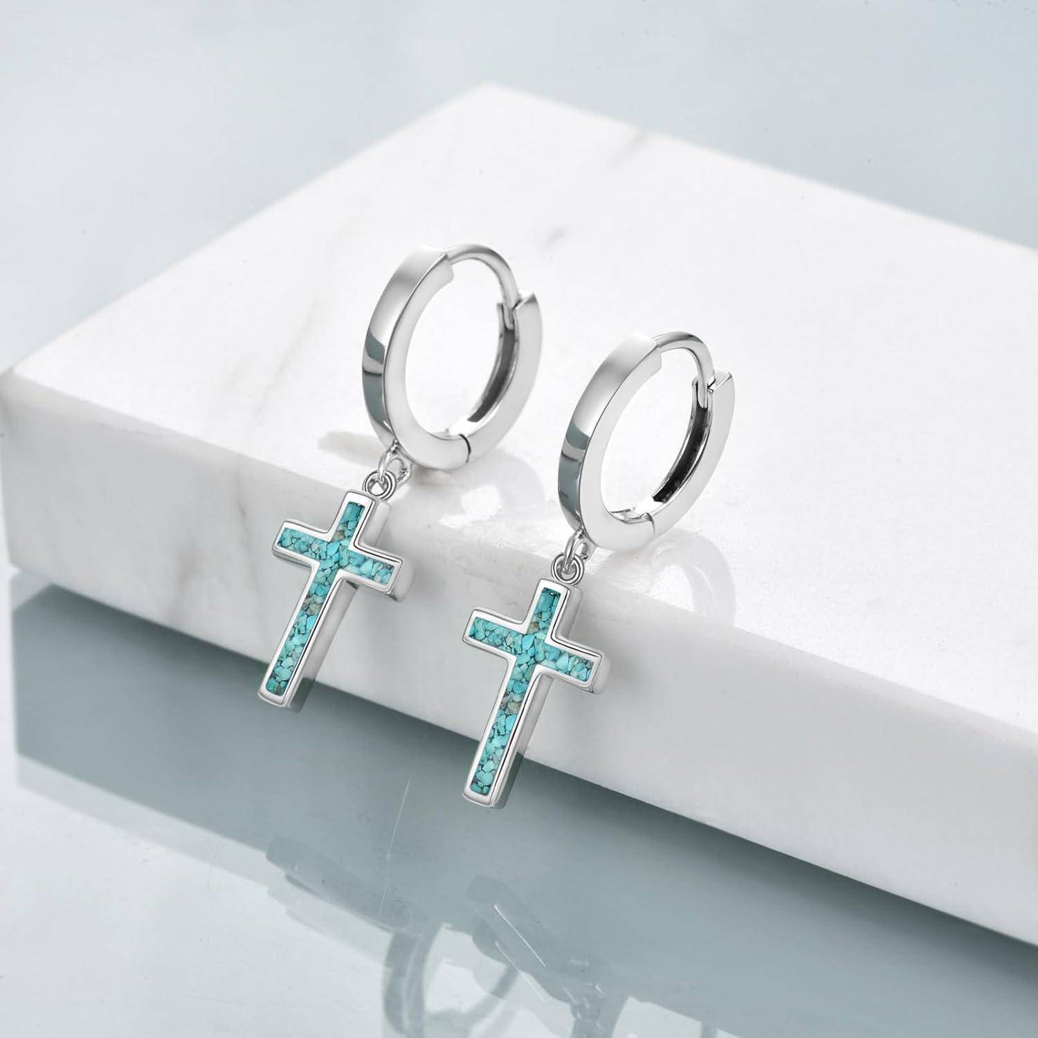Creolen Sterling Silber Kreuz Sterne Damen Kreuz Ohrringe-T&amp;#xFC;rkis