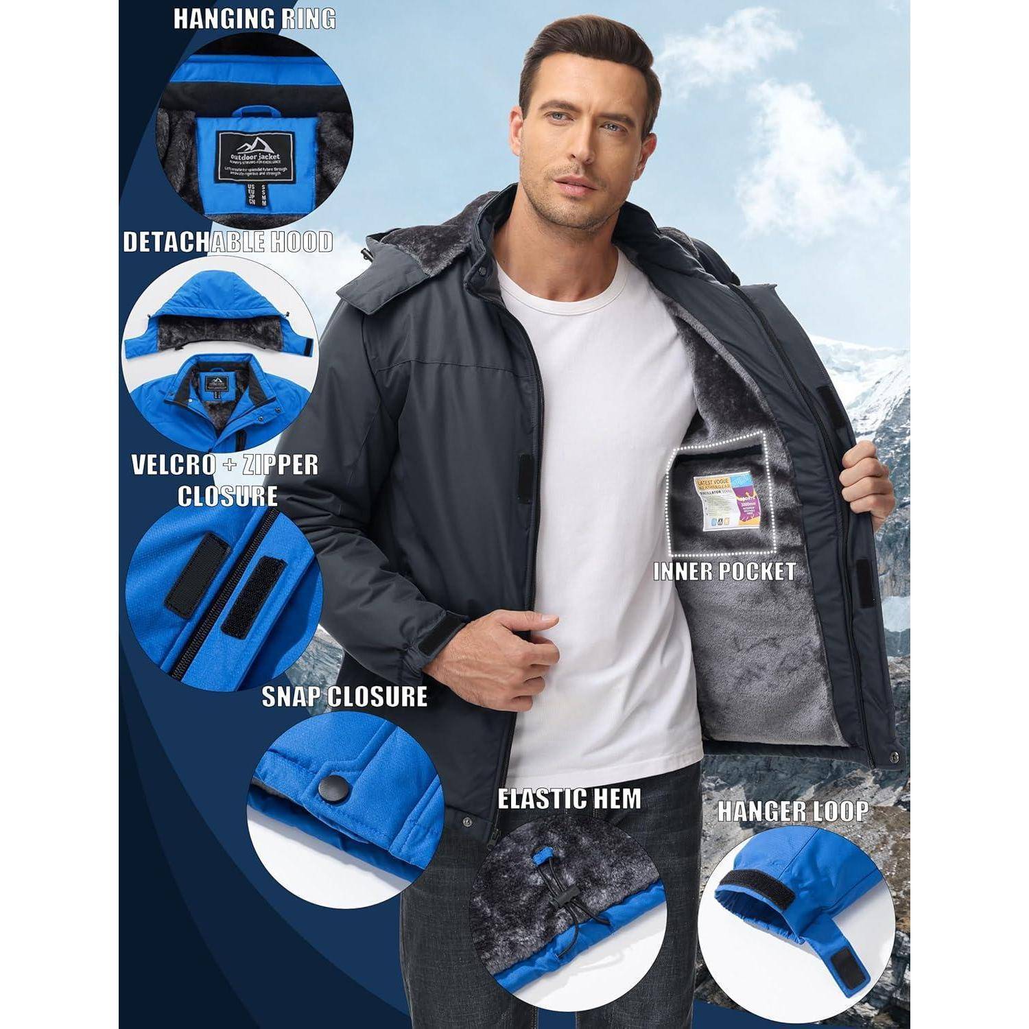 Ein Mann trägt eine schwarze Jacke mit abnehmbarer Kapuze und zeigt deren Merkmale: Klettverschlüsse und Druckknöpfe, eine Innentasche, einen elastischen Saum und eine Aufhängeschlaufe.