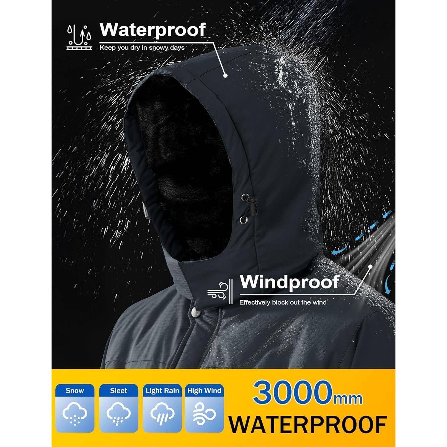 Eine Person wird gezeigt, die eine dunkle wasserabweisende und winddichte Jacke trägt, während Wasser abperlt. Icons unten zeigen Schutz vor Schnee, Graupel, leichtem Regen und Regen. Text liest: 