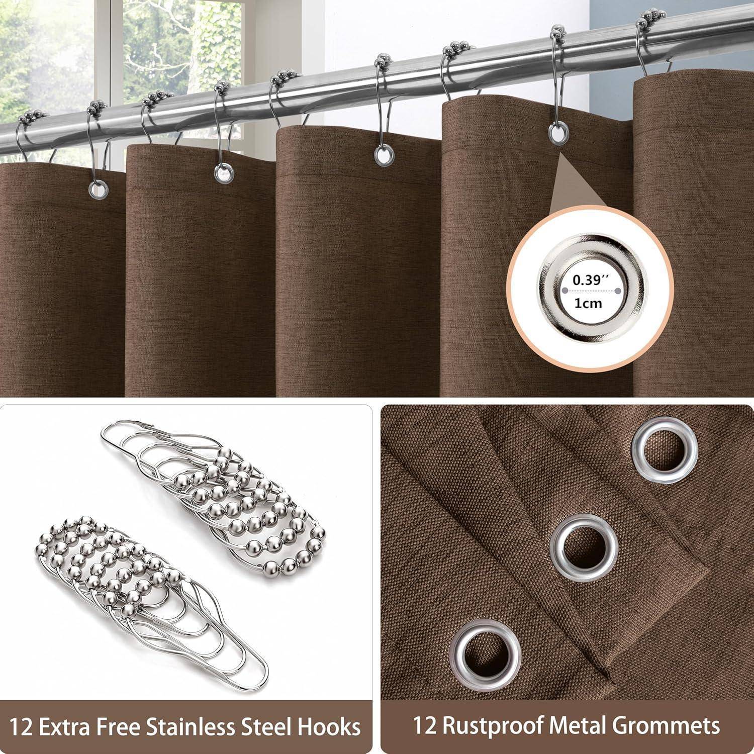 Braune Gardine mit rostfreien Metallösen und zusätzlichen kostenlosen Edelstahlhaken. Durchmesser der Ösenöffnung wird mit 0,39 Zoll (1 cm) angegeben.