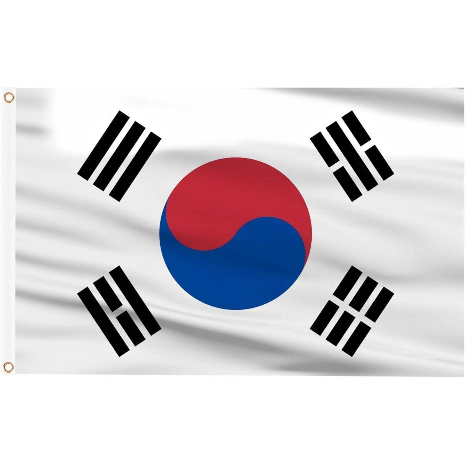 Das Bild zeigt die Nationalflagge Südkoreas mit einem roten und blauen Yin-Yang-Symbol in der Mitte, umgeben von vier schwarzen Trigrammen.