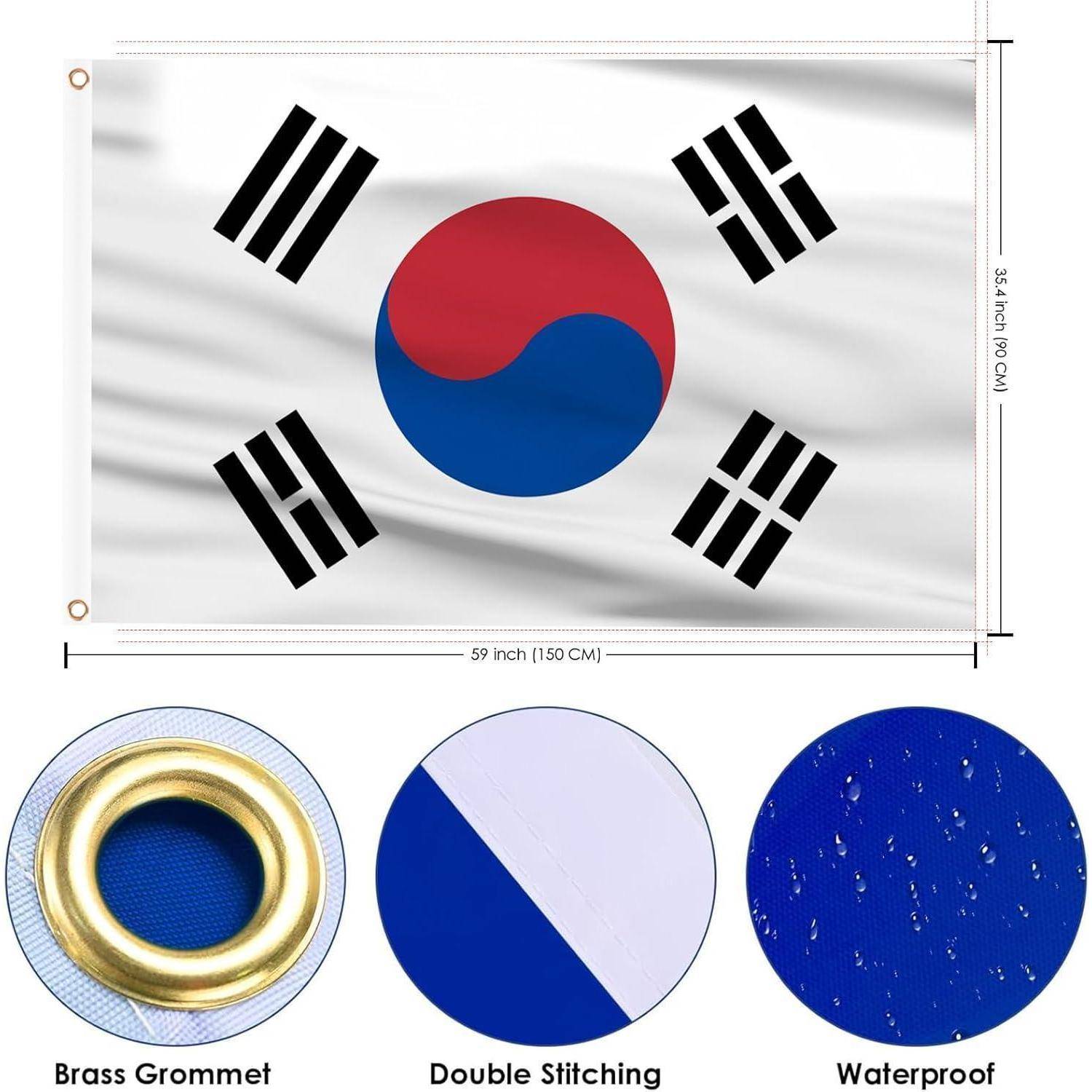 Darstellung der südkoreanischen Flagge mit blauem und rotem Kreis, schwarzen Trigrammen. Detailansichten zeigen Messingöse, Doppelnaht, wasserdichtes Material.