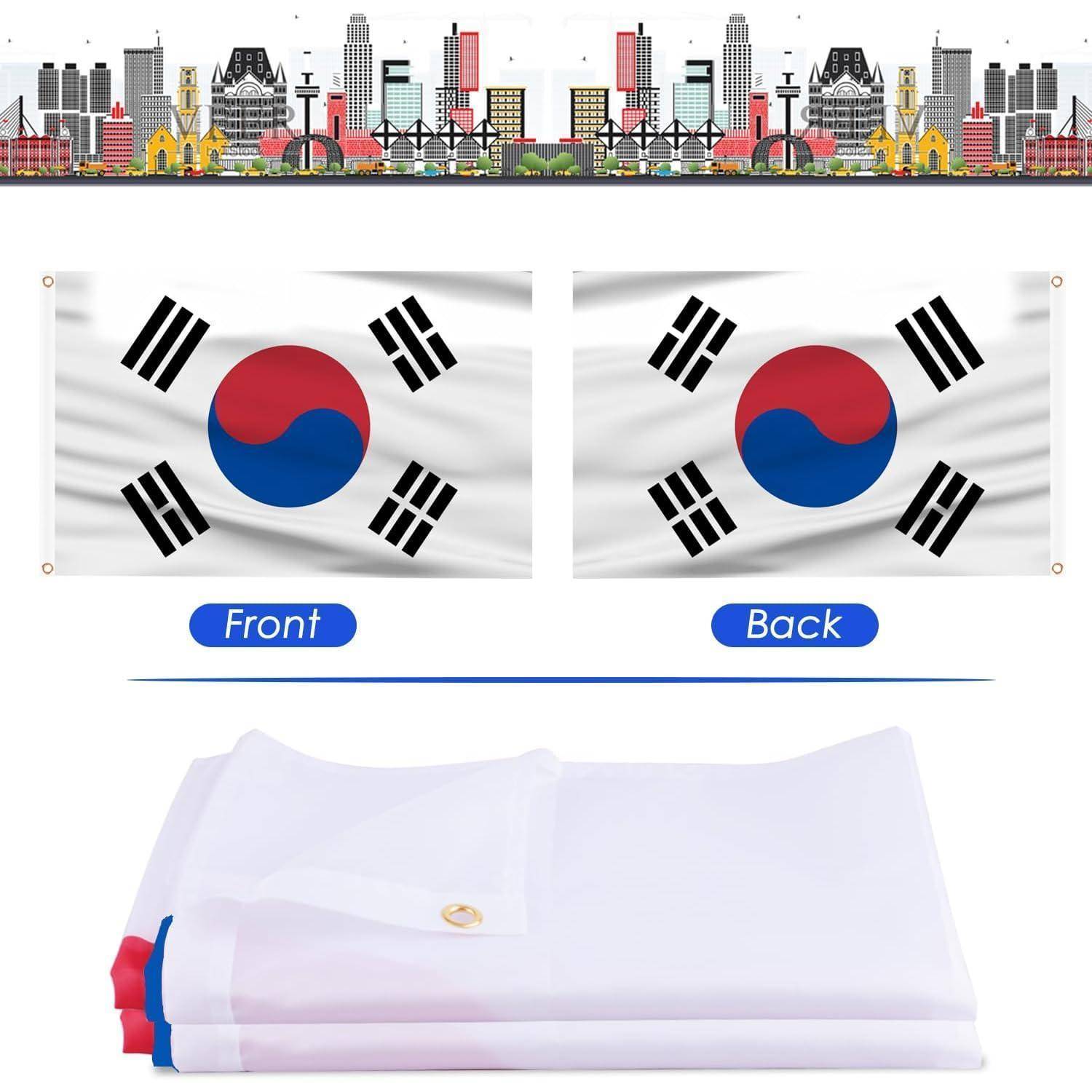 Südkoreanische Flagge vor einer Stadtsilhouette. Zwei Ansichten der Flagge werden gezeigt, beschriftet mit 