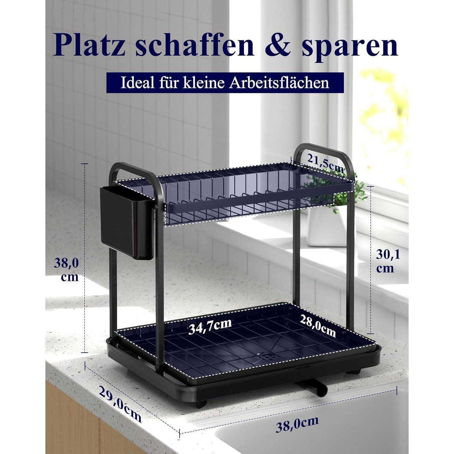 Abtropfgestell Geschirrständer Edelstahl Besteckhalter Schwarz 2-Tiers