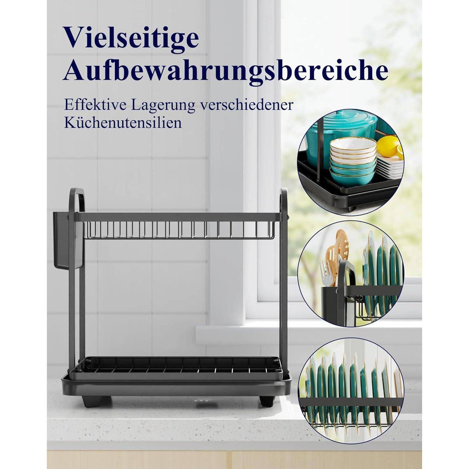 Abtropfgestell Geschirrständer Edelstahl Besteckhalter Schwarz 2-Tiers