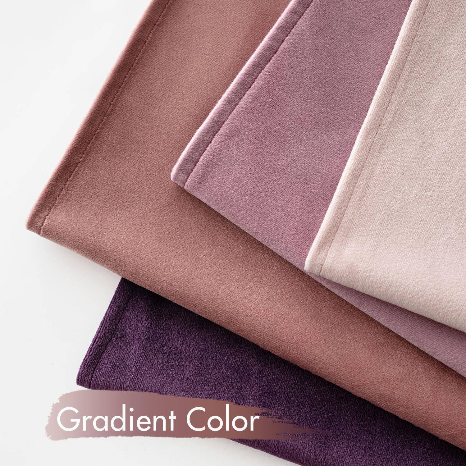 Ein Stapel von Stoffmustern in Schattierungen von Violett, Rosa und Beige, mit dem Text ‚Gradient Color' in der unteren linken Ecke.