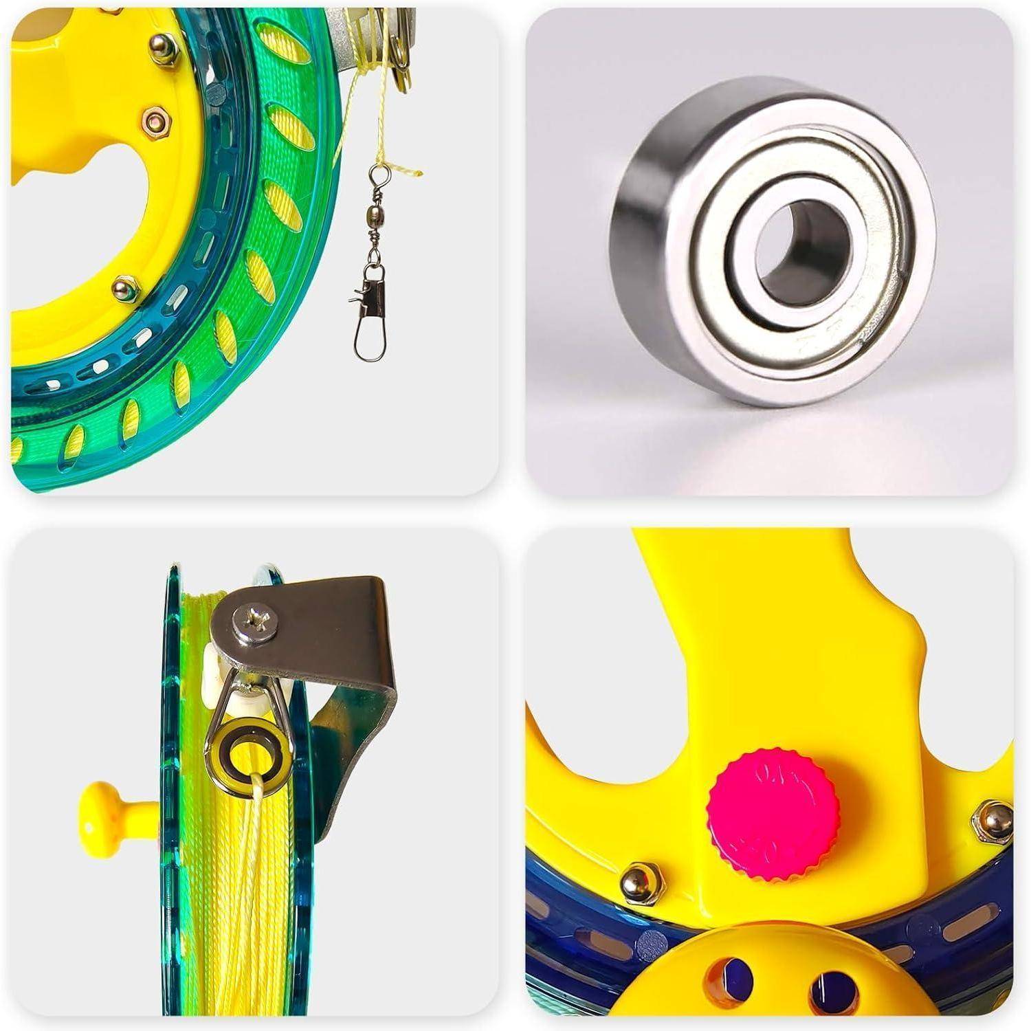 Kollage aus vier Bildern, die Details einer Angelrolle zeigen. Enthält die Spule, ein Kugellager und Nahaufnahmen von Rollenmechanismen.