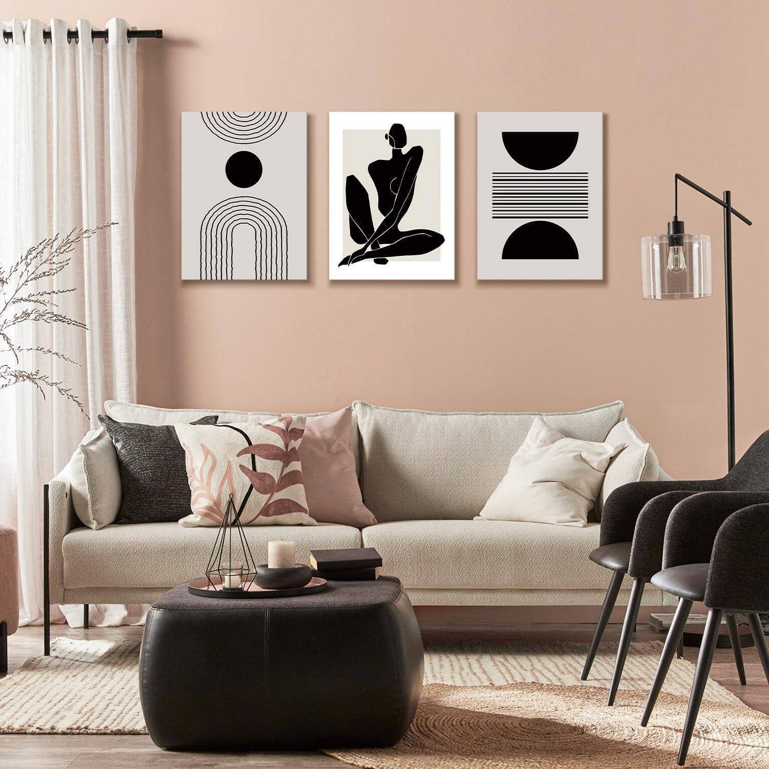 Wandkunst 3Pcs Boho Abstrakte Leinwand Schlafzimmer Schwarz und Beige