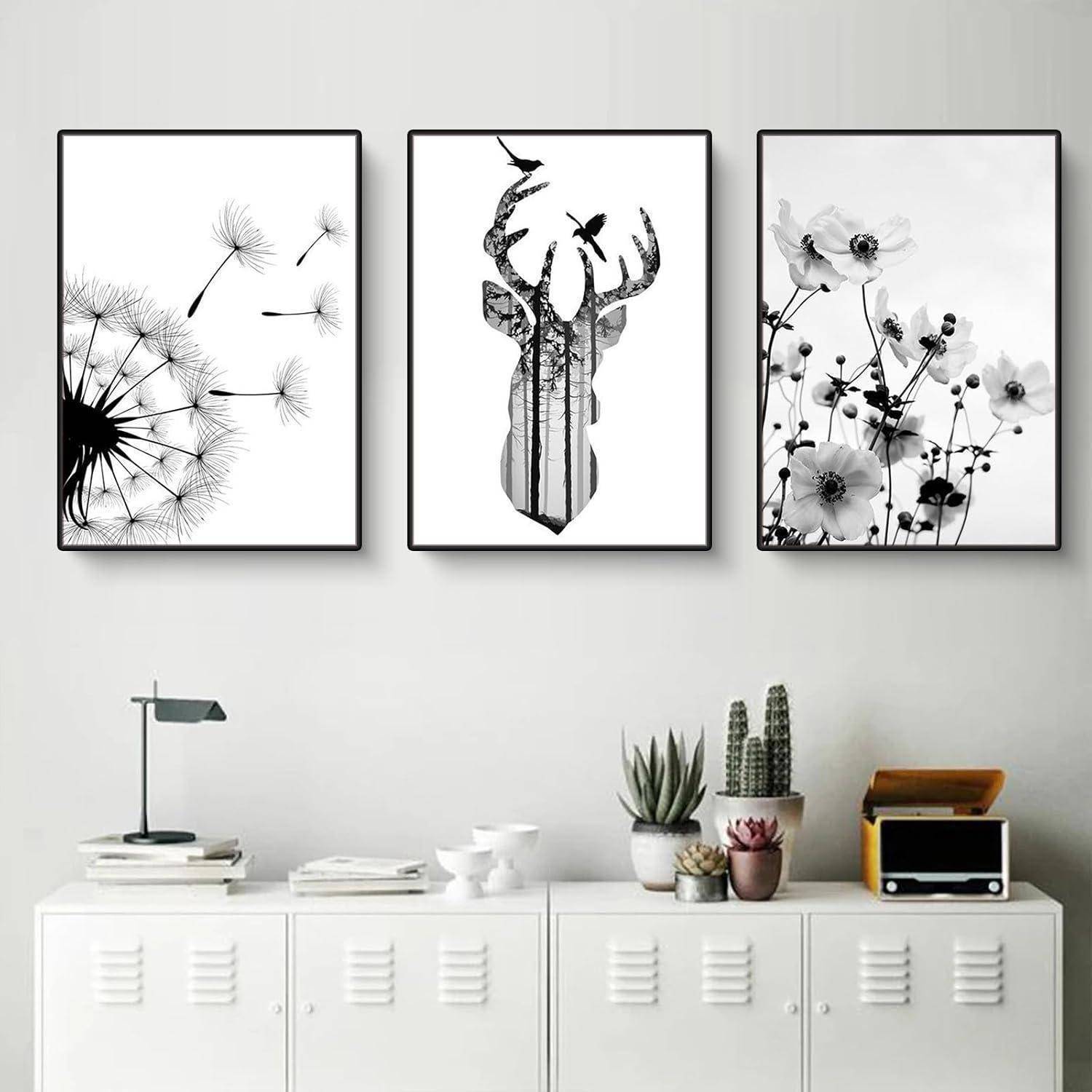 Poster 3er Schwarzweiß Schmetterling Löwenzahn Wanddeko H 50x70cm