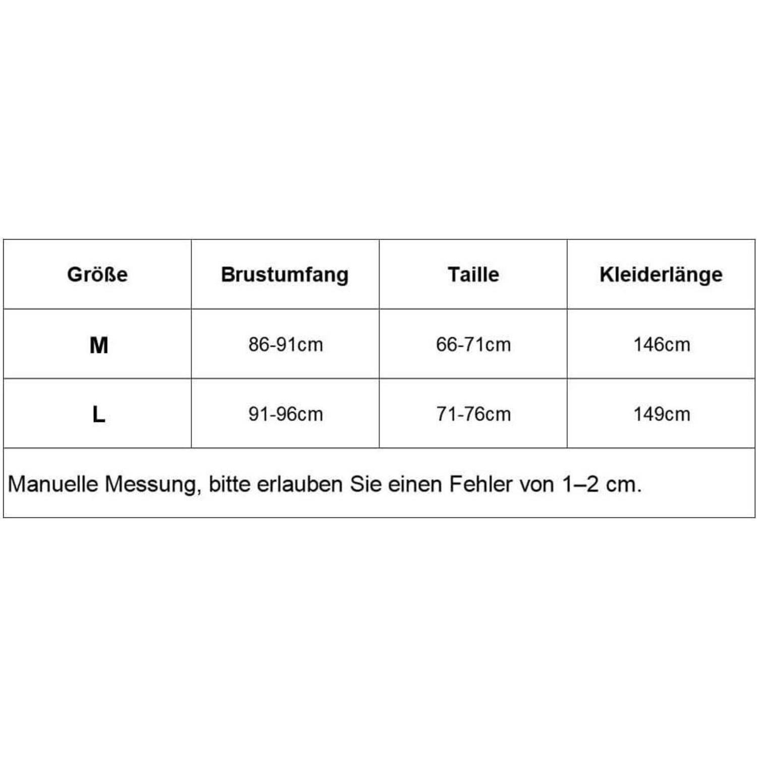 Größe M: Brustumfang 86-91cm, Taille 66-71cm, Kleiderlänge 146cm. Größe L: Brustumfang 91-96cm, Taille 71-76cm, Kleiderlänge 149cm. Manuelle Messung, bitte erlauben Sie einen Fehler von 1–2 cm.