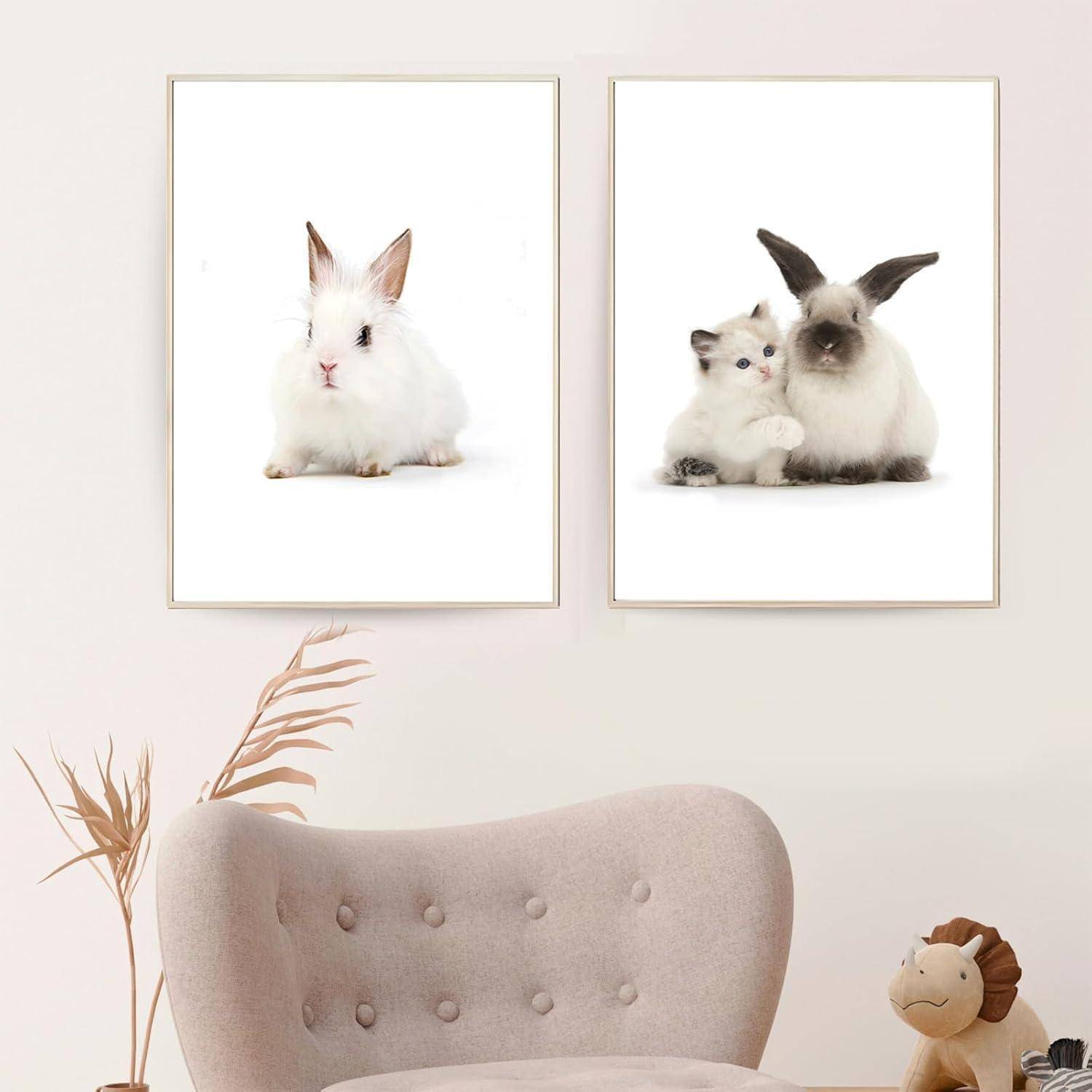 Ein gepolsterter Sessel mit Pflanzendekoration steht vor zwei gerahmten Fotos: einem von einem weißen Kaninchen und einem anderen von einer Katze und einem braunen Kaninchen.